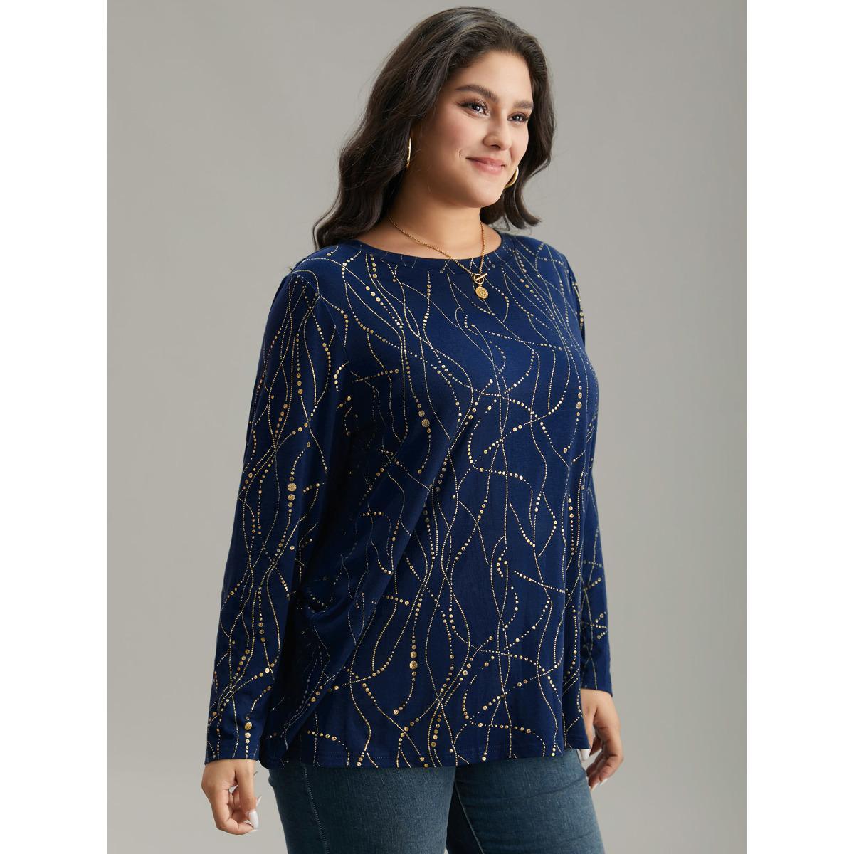 Plus Size Polka Dot Contrast Round Neck T-shirt DarkBlue Women Casual Contrast Polka Dot Round Neck Dailywear T-shirts BloomChic 26/4X Product Image