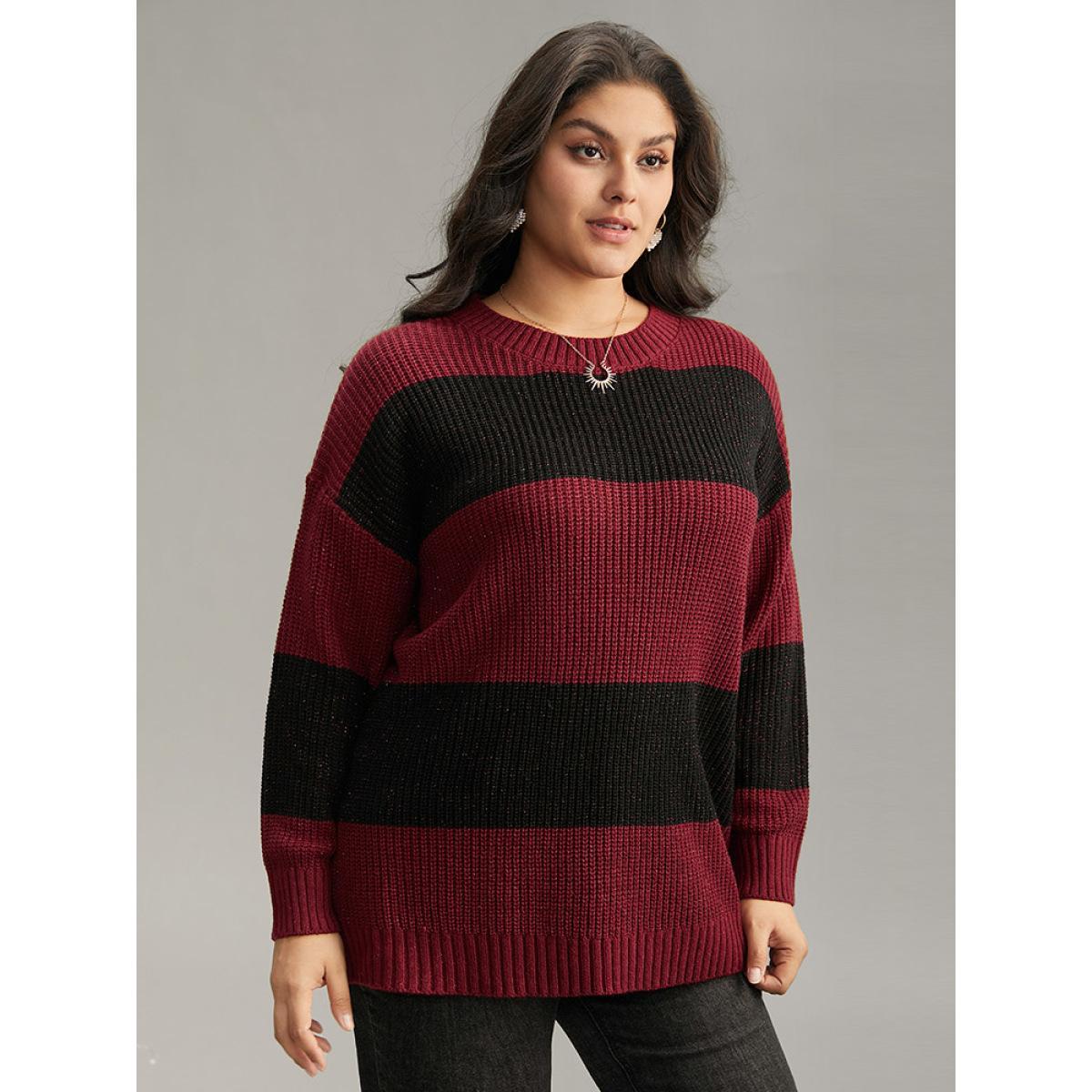 Plus Size Sparkly Two Tone Colorblock Pullover Scarlet Women Casual Loose Long Sleeve Round Neck Dailywear Pullovers BloomChic 26/4X Product Image
