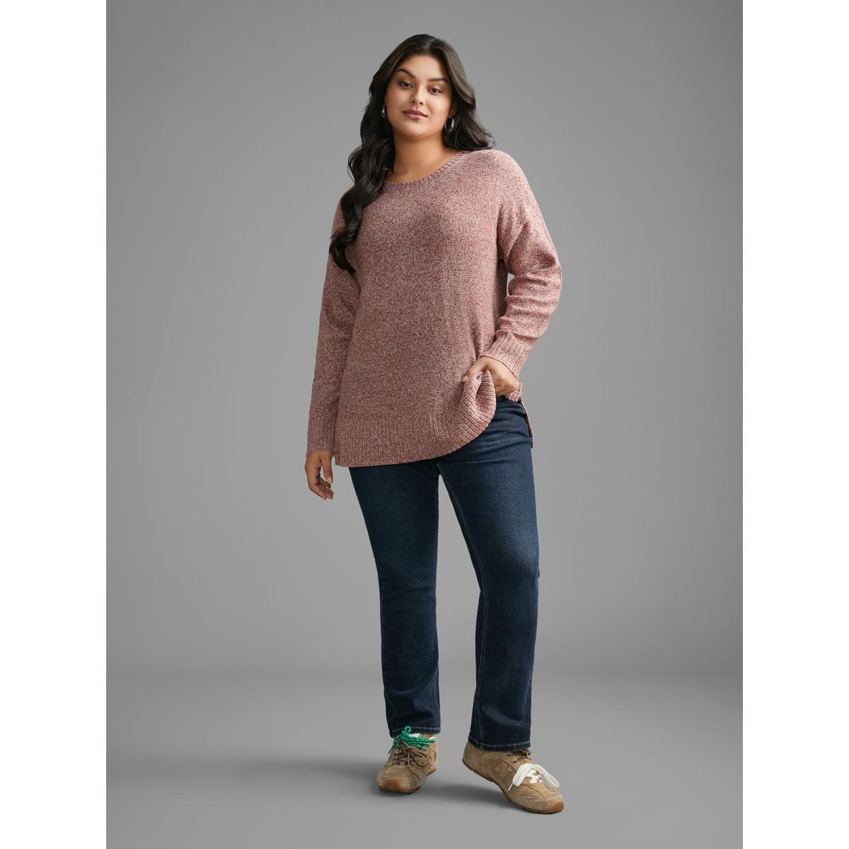 Plus Size Texture Bowknot Cut Out Slit Hem Pullover Crepe Women Casual Loose Long Sleeve Round Neck Everyday Pullovers BloomChic 18-20/2X Product Image