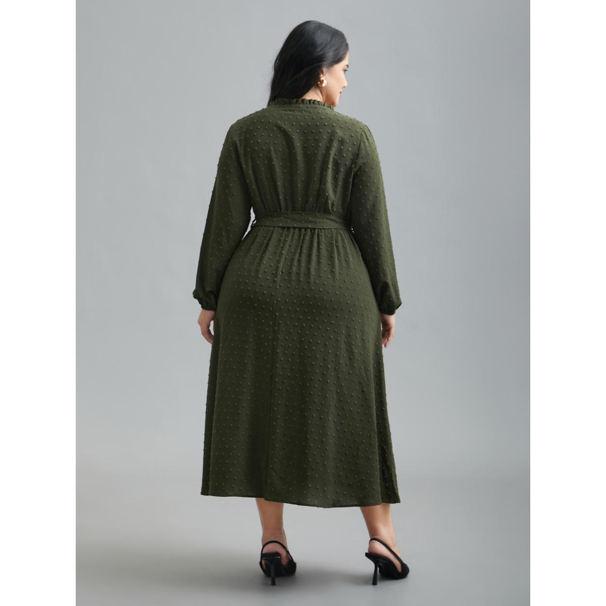 Plus Size Textured Waist-Tie Ruffled Edges Dress ArmyGreen Women Elegant Texture Round Neck Long Sleeve Curvy BloomChic 12/L Product Image
