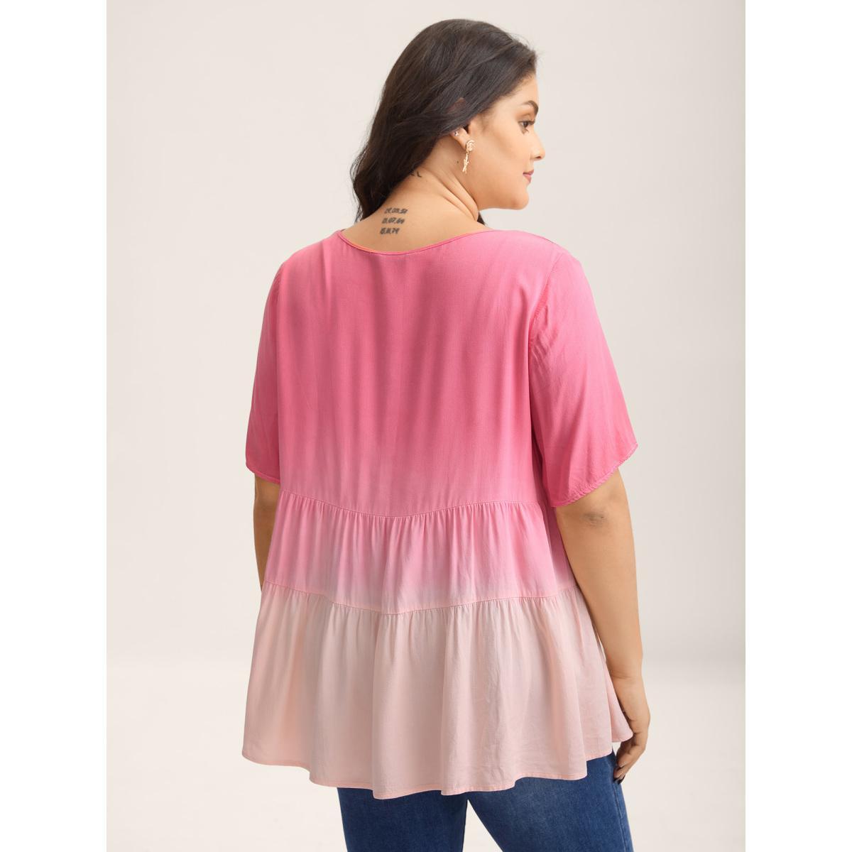 Plus Size Peach Rayon Tie-Dye V-Neck Tiered Blouse Women Short sleeve V-neck Vacation Blouses BloomChic 12/L Product Image