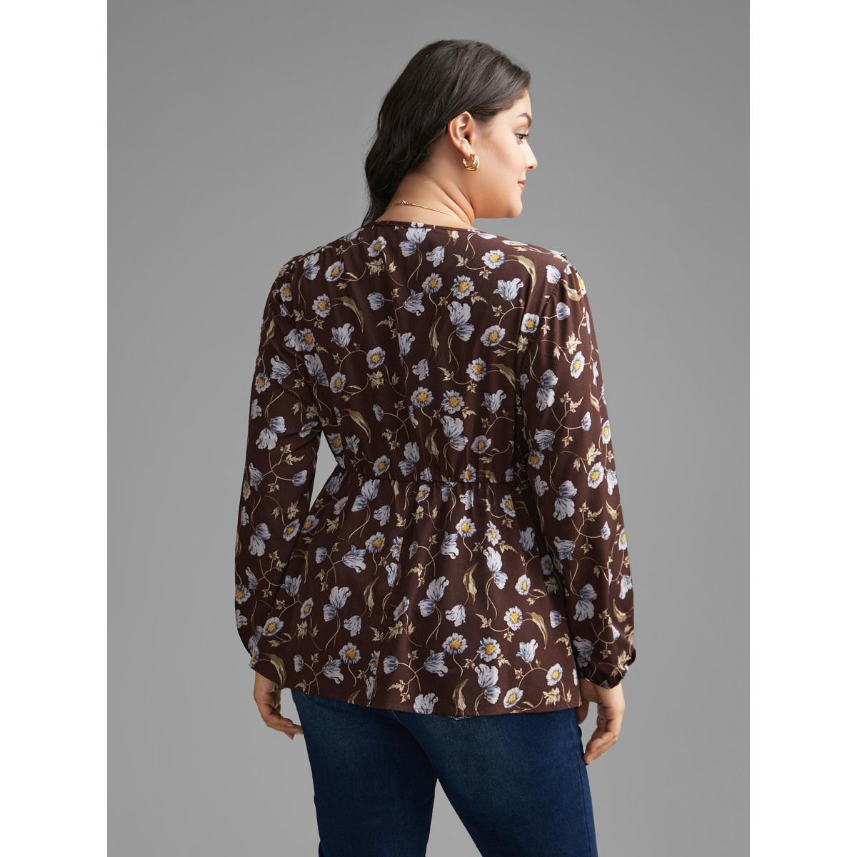 Plus Size DarkBrown Floral Lantern Sleeve Frill Trim Blouse Women Elegant Long Sleeve V-neck Everyday Blouses BloomChic 22-24/3X Product Image