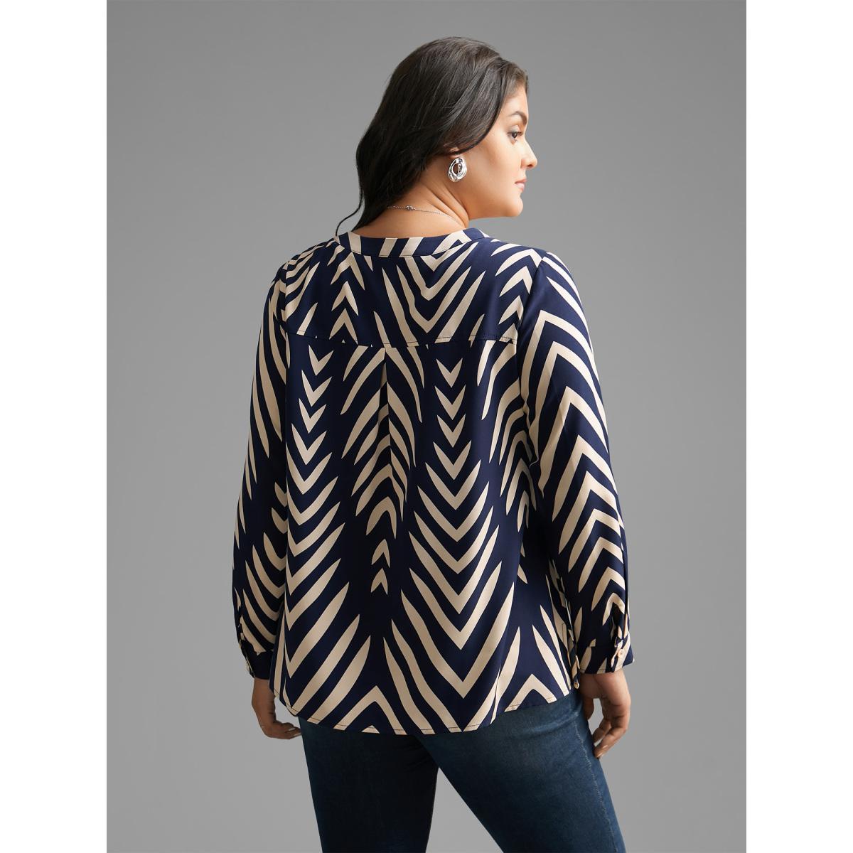 Plus Size Indigo Geometric Notched Pleated Slit Hem Blouse Women At the Office Extra Long Sleeve Notched collar Work Blouses BloomChic 12/L Product Image