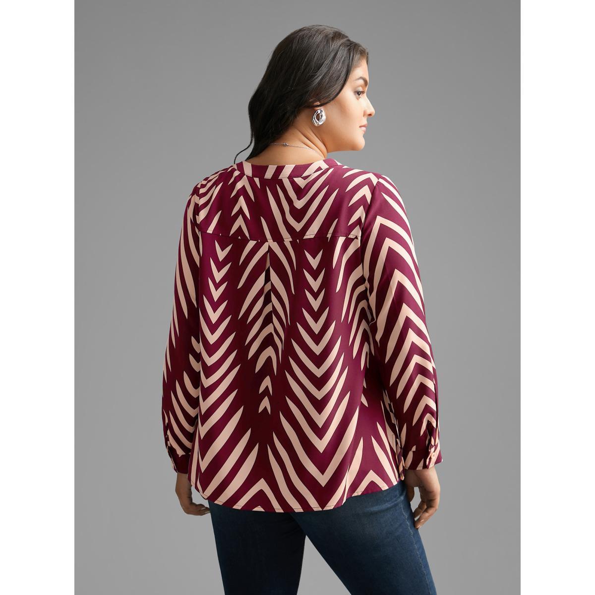 Plus Size RedViolet Geometric Notched Pleated Slit Hem Blouse Women At the Office Extra Long Sleeve Notched collar Work Blouses BloomChic 10/M Product Image