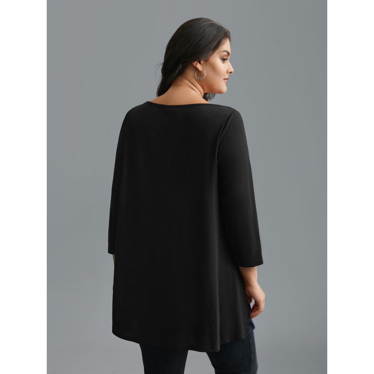 Plus Size Color Block Chest Pocket Round Neck T-Shirt Black Women Casual Contrast Boat Neck Loose Everyday T-shirts BloomChic 14-16/1X Product Image