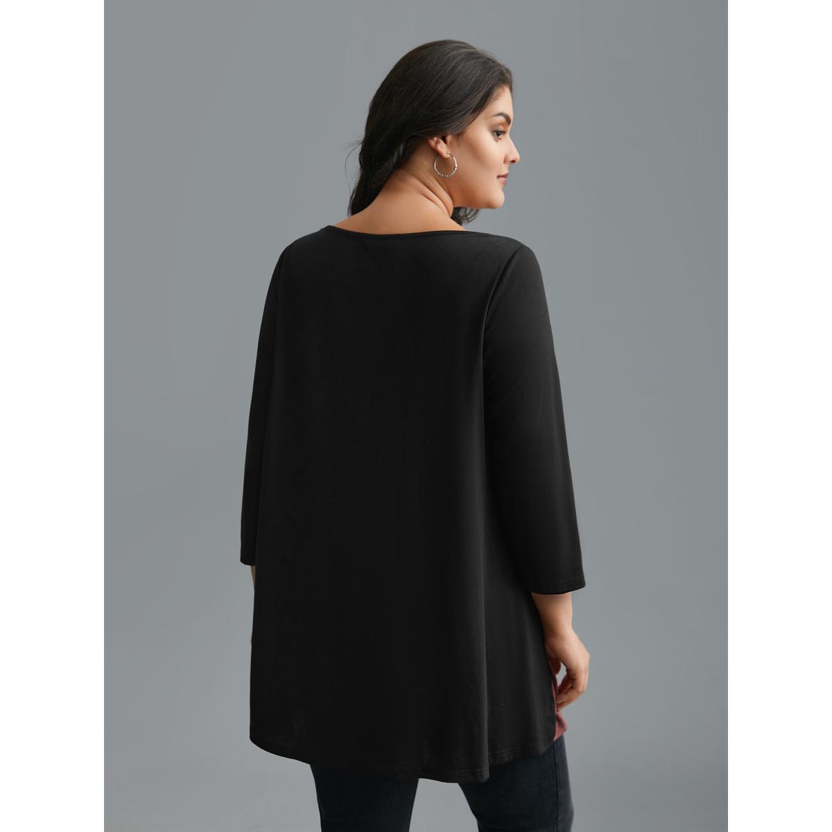 Plus Size Color Block Chest Pocket Round Neck T-Shirt Multicolor Women Casual Contrast Boat Neck Loose Everyday T-shirts BloomChic 28/5X Product Image