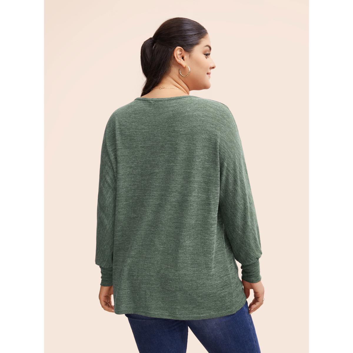Plus Size Plain Heather Elastic cuffs Dolman Sleeve T-shirt Green Women Casual Elastic cuffs Plain Round Neck Everyday T-shirts BloomChic 12/L Product Image