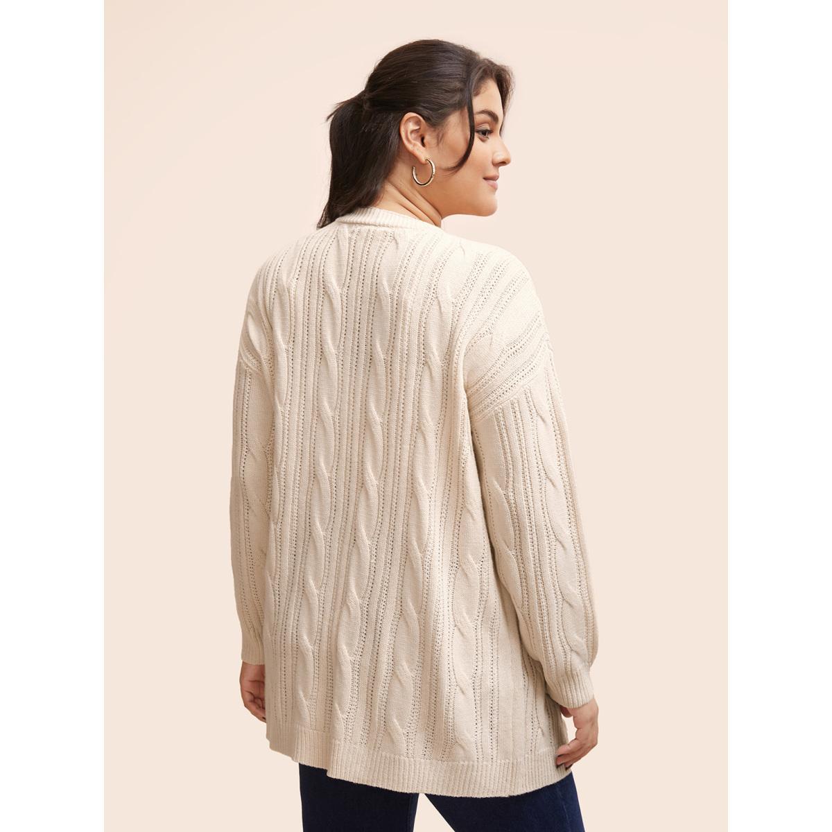 Plus Size Cable Knit Drop Shoulder Patch Pocket Cardigan Apricot Women Casual Loose Long Sleeve Everyday Cardigans BloomChic 30/6X Product Image