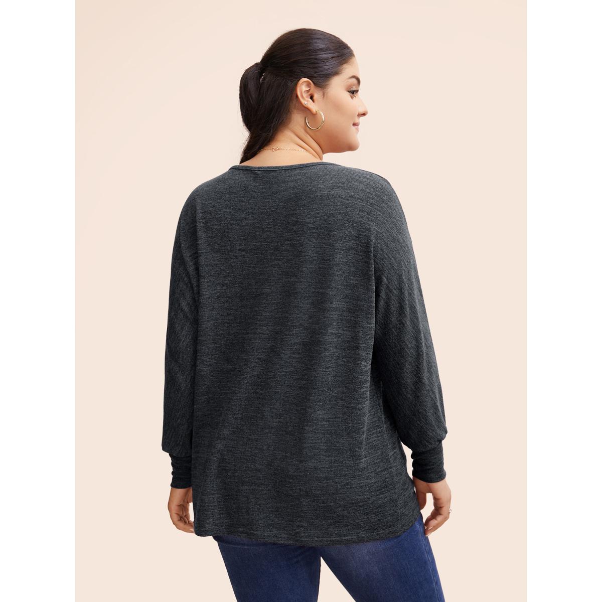 Plus Size Plain Heather Elastic cuffs Dolman Sleeve T-shirt Gray Women Casual Elastic cuffs Plain Round Neck Everyday T-shirts BloomChic 28/5X Product Image
