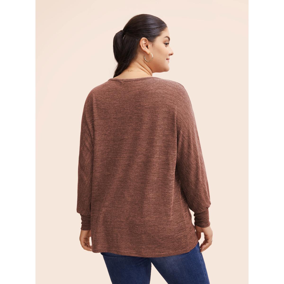 Plus Size Plain Heather Elastic cuffs Dolman Sleeve T-shirt Rust Women Casual Elastic cuffs Plain Round Neck Everyday T-shirts BloomChic 18-20/2X Product Image