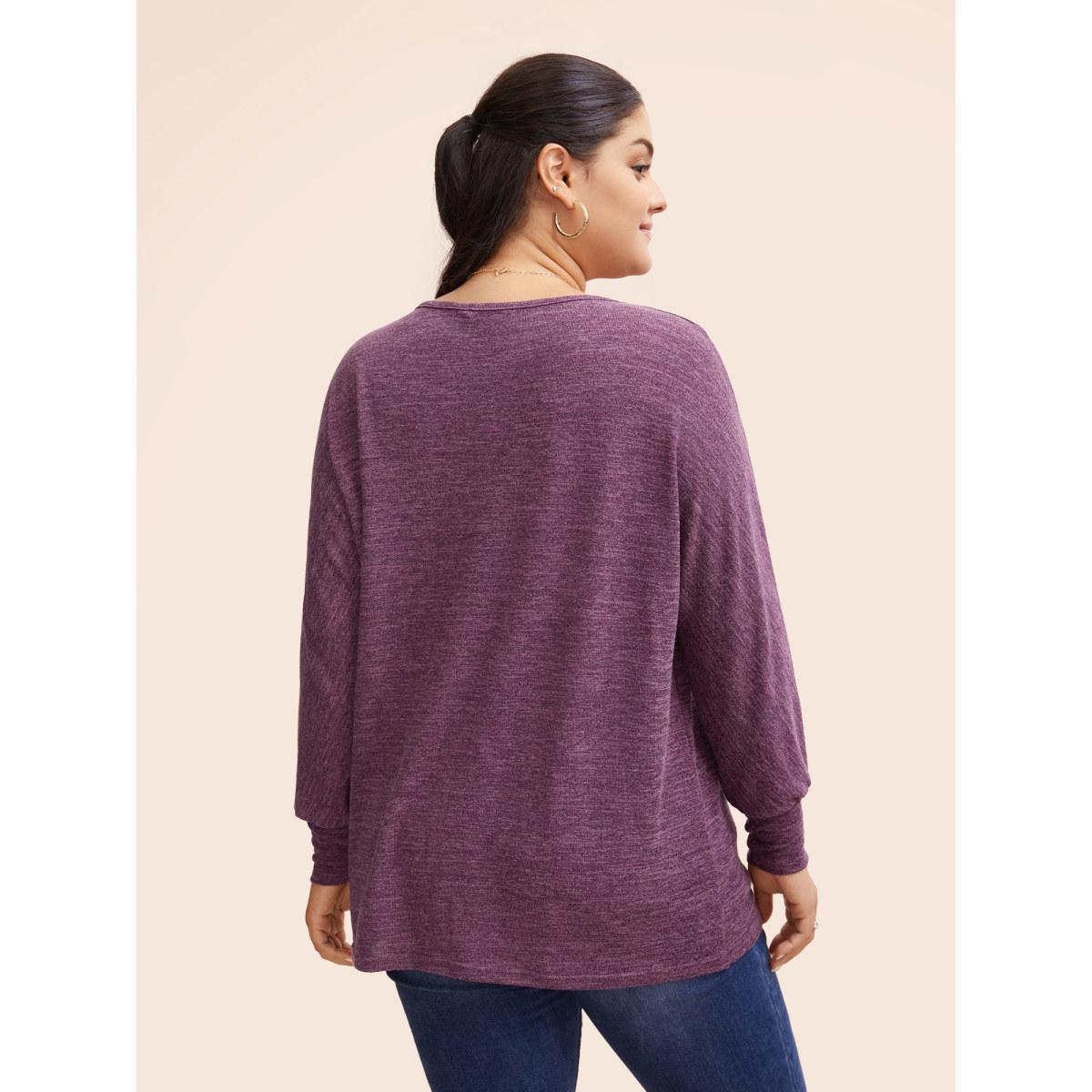 Plus Size Plain Heather Elastic cuffs Dolman Sleeve T-shirt Purple Women Casual Elastic cuffs Plain Round Neck Everyday T-shirts BloomChic 30/6X Product Image