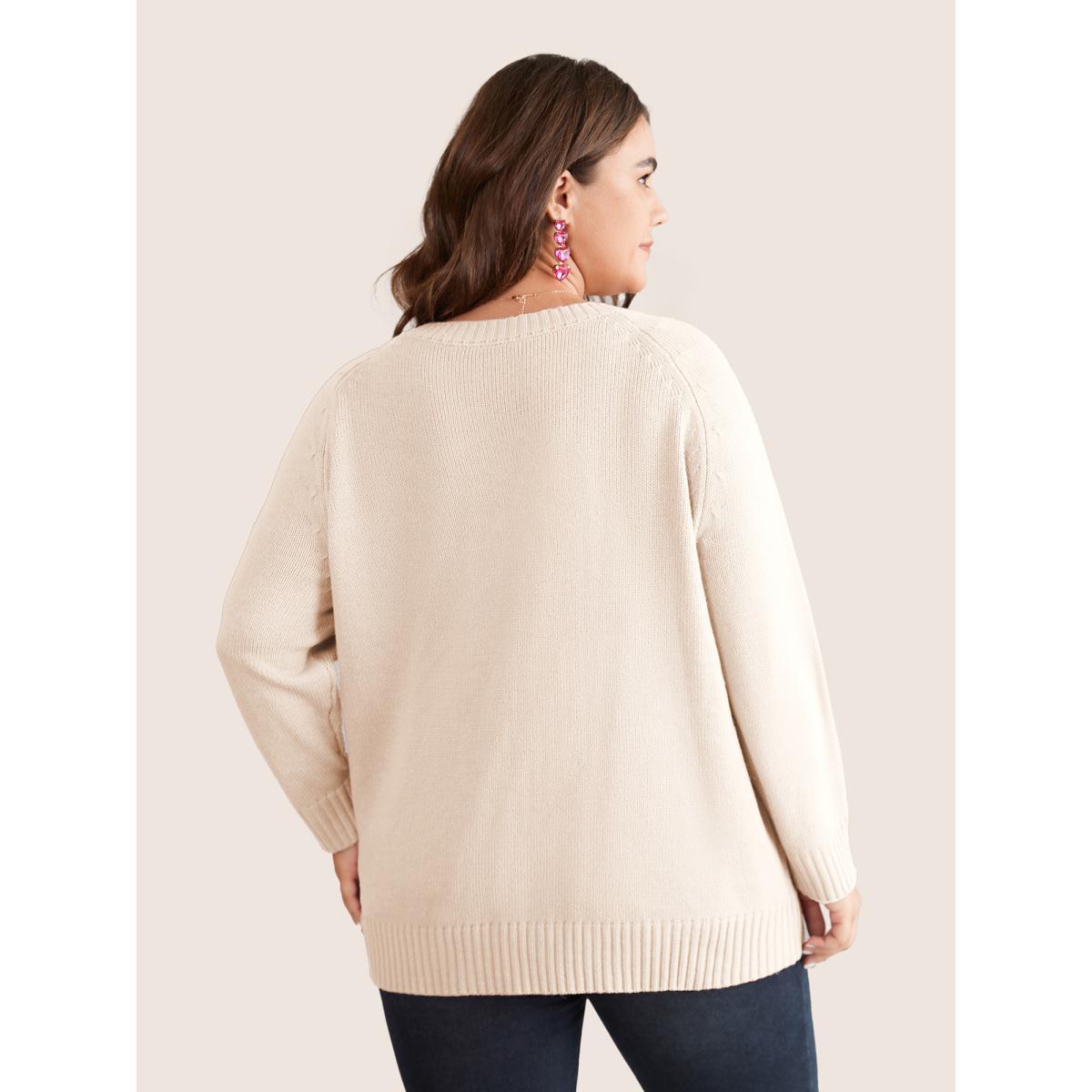 Plus Size Heart Cable Knit Two Tone Raglan Sleeve Pullover Ivory Women Casual Long Sleeve Round Neck Everyday Pullovers BloomChic 26/4X Product Image