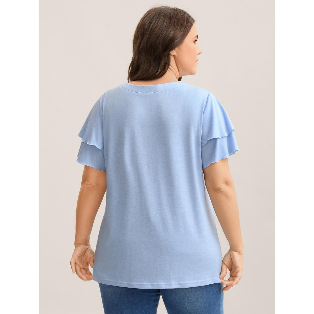 Plus Size Layered Lotus Leaf Sleeve Plain T-Shirt LightBlue Women Button Notched collar Everyday-Casual T-shirts BloomChic 30/6X Product Image