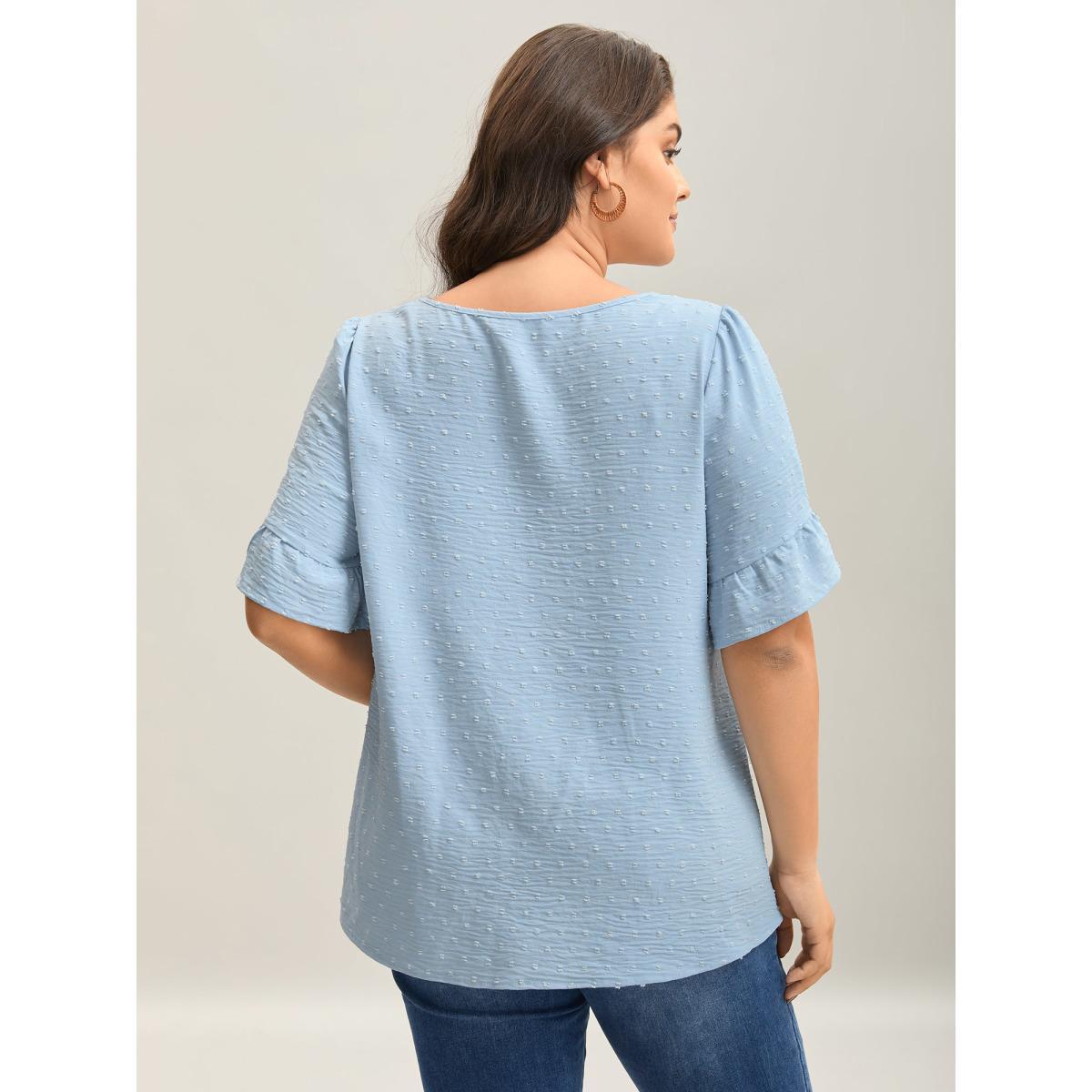 Plus Size LightBlue Textured Floral Embroidered Flared Sleeve Shirt Women Resort Short sleeve Square Neck Vacation Blouses BloomChic 12/L Product Image