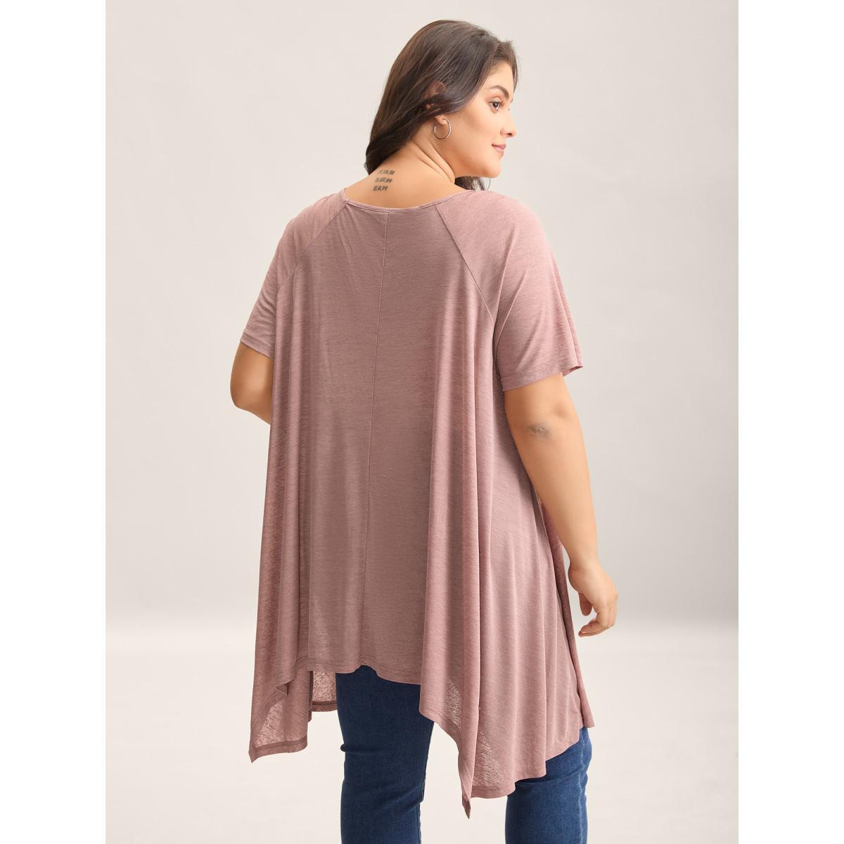 Plus Size Handkerchief Hem Plain Oversized T-Shirt Crepe Women Asymmetrical Boat Neck Loose Everyday-Casual T-shirts BloomChic 26/4X Product Image