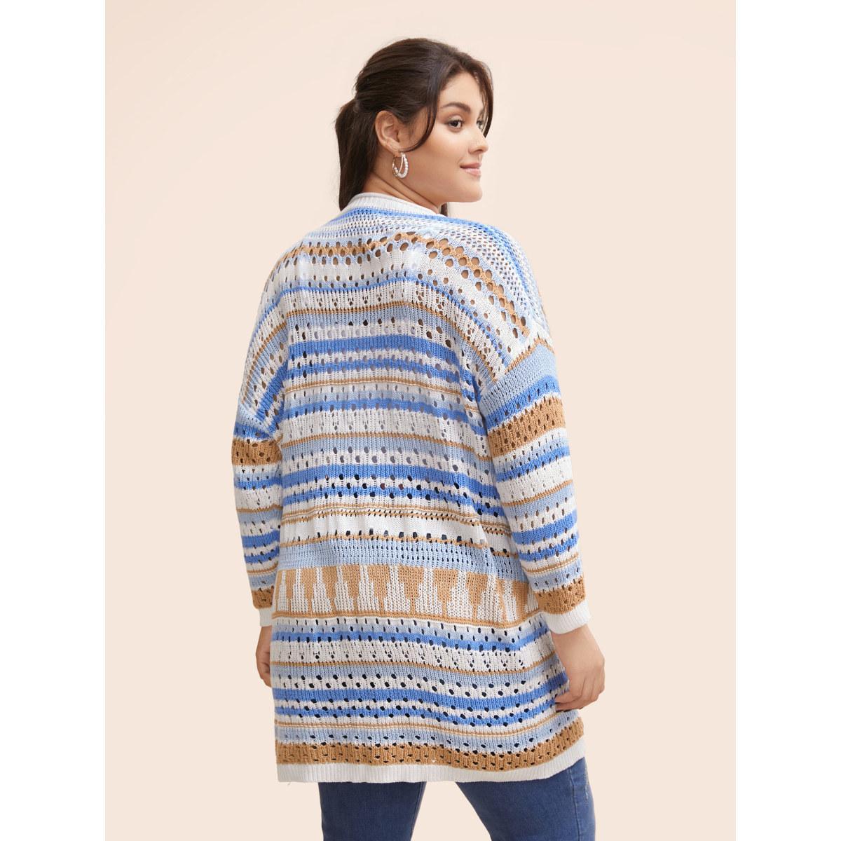 Plus Size Cotton Contrast Striped Cut Out Cardigan LightBlue Women Casual Loose Long Sleeve Everyday Cardigans BloomChic 14-16/1X Product Image
