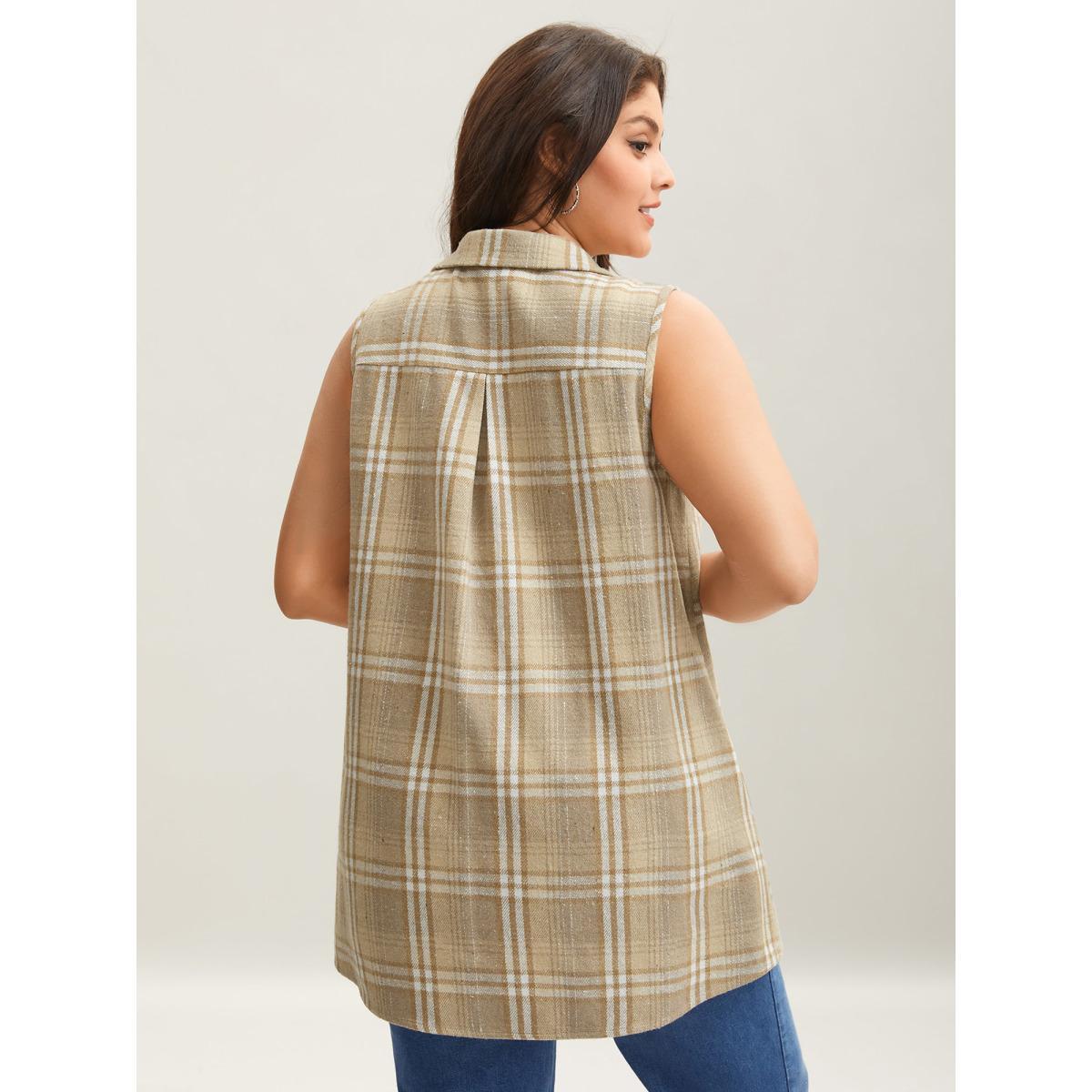 Plus Size Plaid Flap Detail Sleeveless Jacket Women LightBrown Button Side seam pocket Everyday Jackets BloomChic 26/4X Product Image