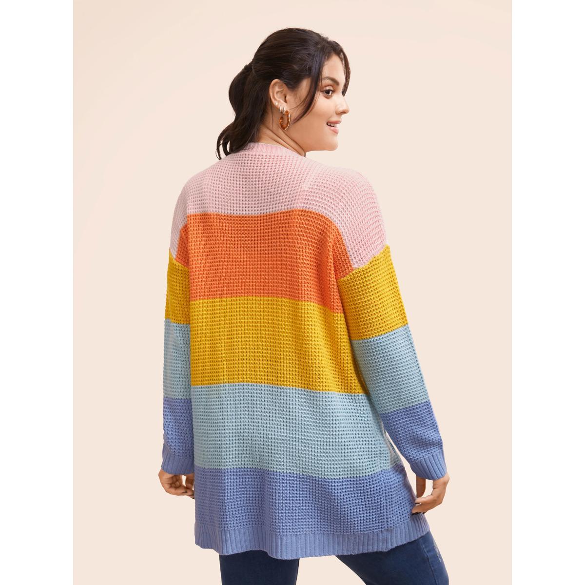 Plus Size Colorblock Contrast Drop Shoulder Pocket Cardigan Multicolor Women Casual Loose Long Sleeve Everyday Cardigans BloomChic 12/L Product Image