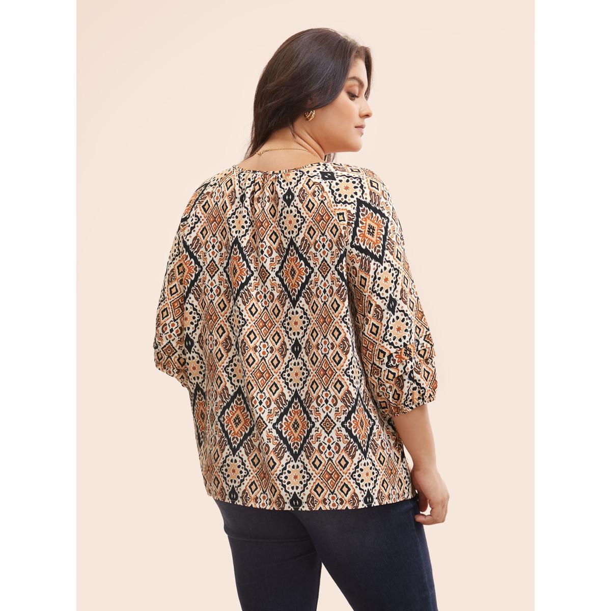 Plus Size Browncoffeecolor Bandana Geometric Pleated Lantern Sleeve Blouse Women Elegant Elbow-length sleeve V-neck Everyday Blouses BloomChic 14-16/1X Product Image