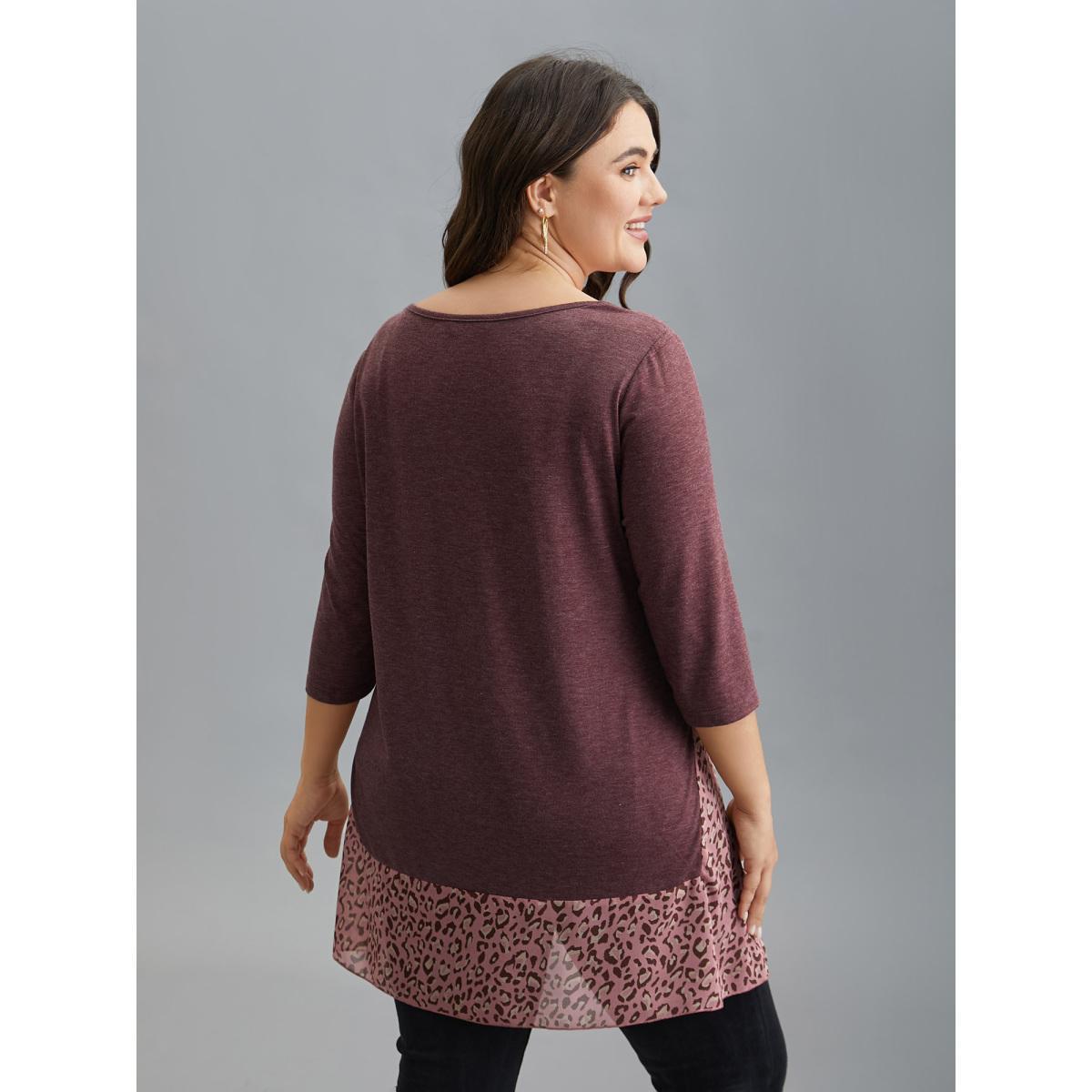Plus Size Crew Neck Leopard Print Patchwork T-shirt Deepred Women Elegant Patchwork Round Neck Everyday T-shirts BloomChic 12/L Product Image