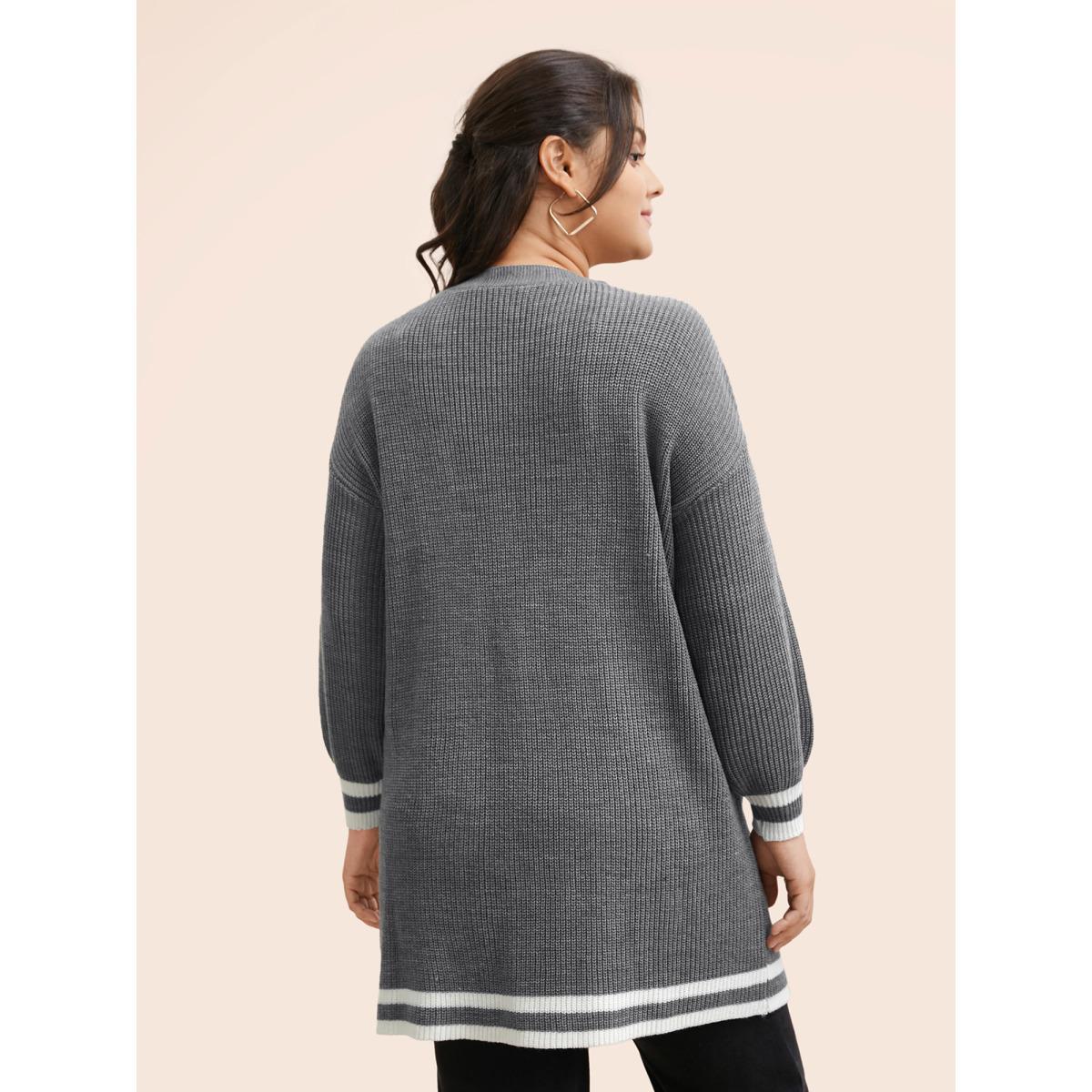 Plus Size Texture Striped Patchwork Patched Pocket Cardigan DarkGray Women Casual Loose Long Sleeve Everyday Cardigans BloomChic 14-16/1X Product Image