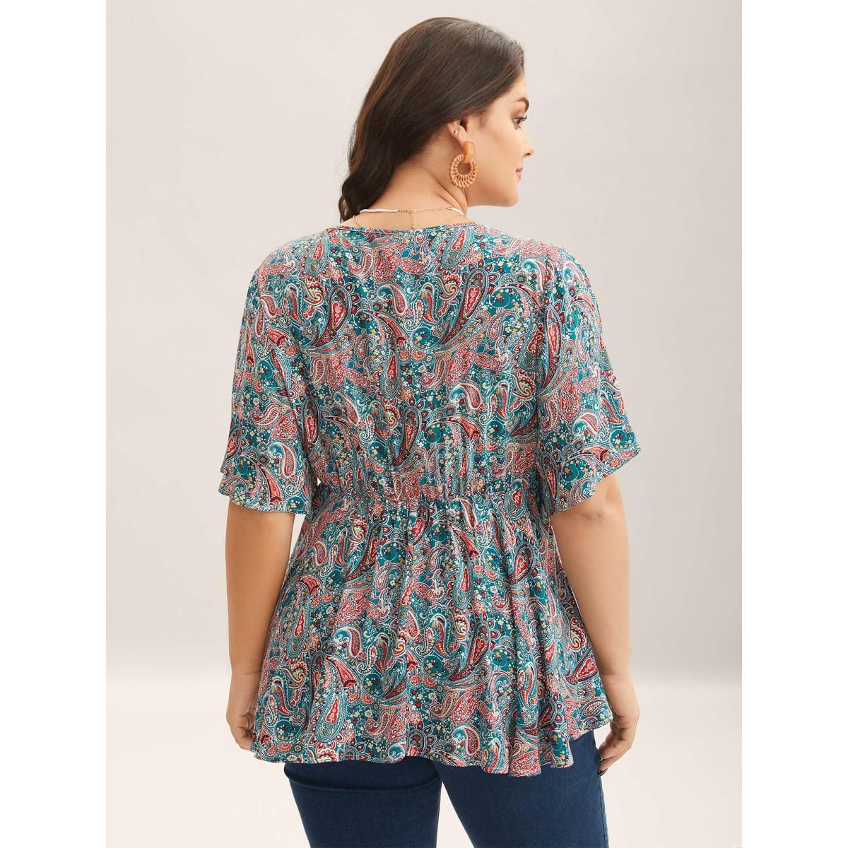 Plus Size DarkGreen Paisley Print V-Neck Flared Sleeve Blouse Women Half Sleeve V-neck Vacation Blouses BloomChic 14-16/1X Product Image