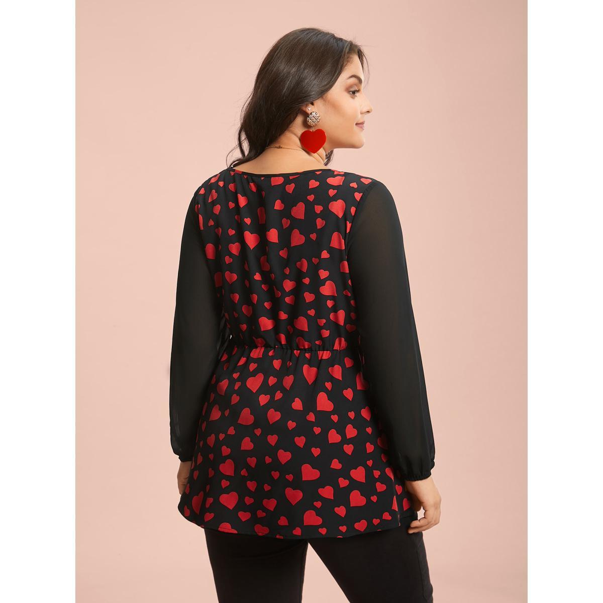 Plus Size Black Heart Print Patchwork Waist-Tie Blouse Women Elegant Extra Long Sleeve Square Neck Everyday Blouses BloomChic 14-16/1X Product Image
