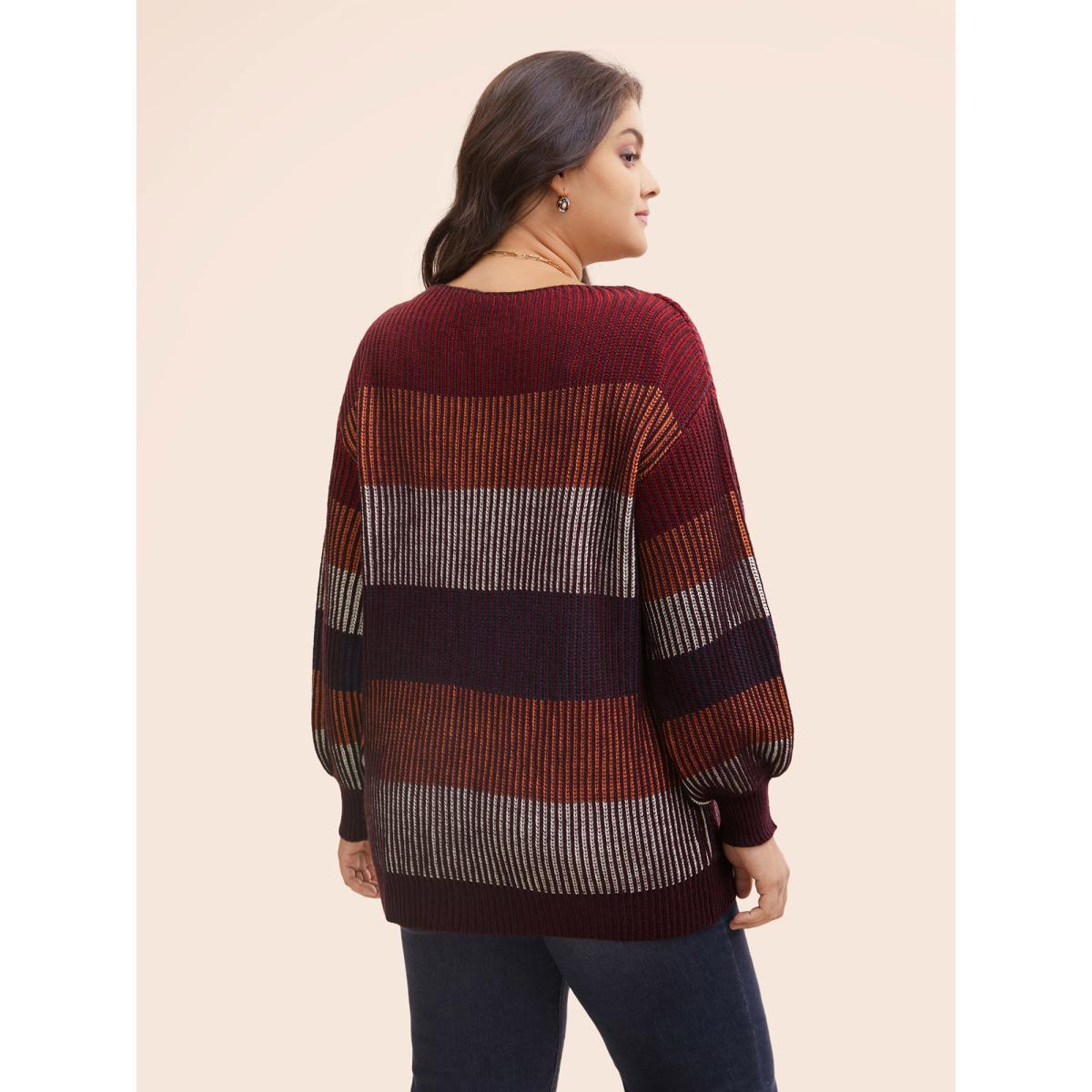 Plus Size Textured Striped Contrast Patchwork Pullover Deepred Women Casual Long Sleeve Round Neck Everyday Pullovers BloomChic 10/M Product Image