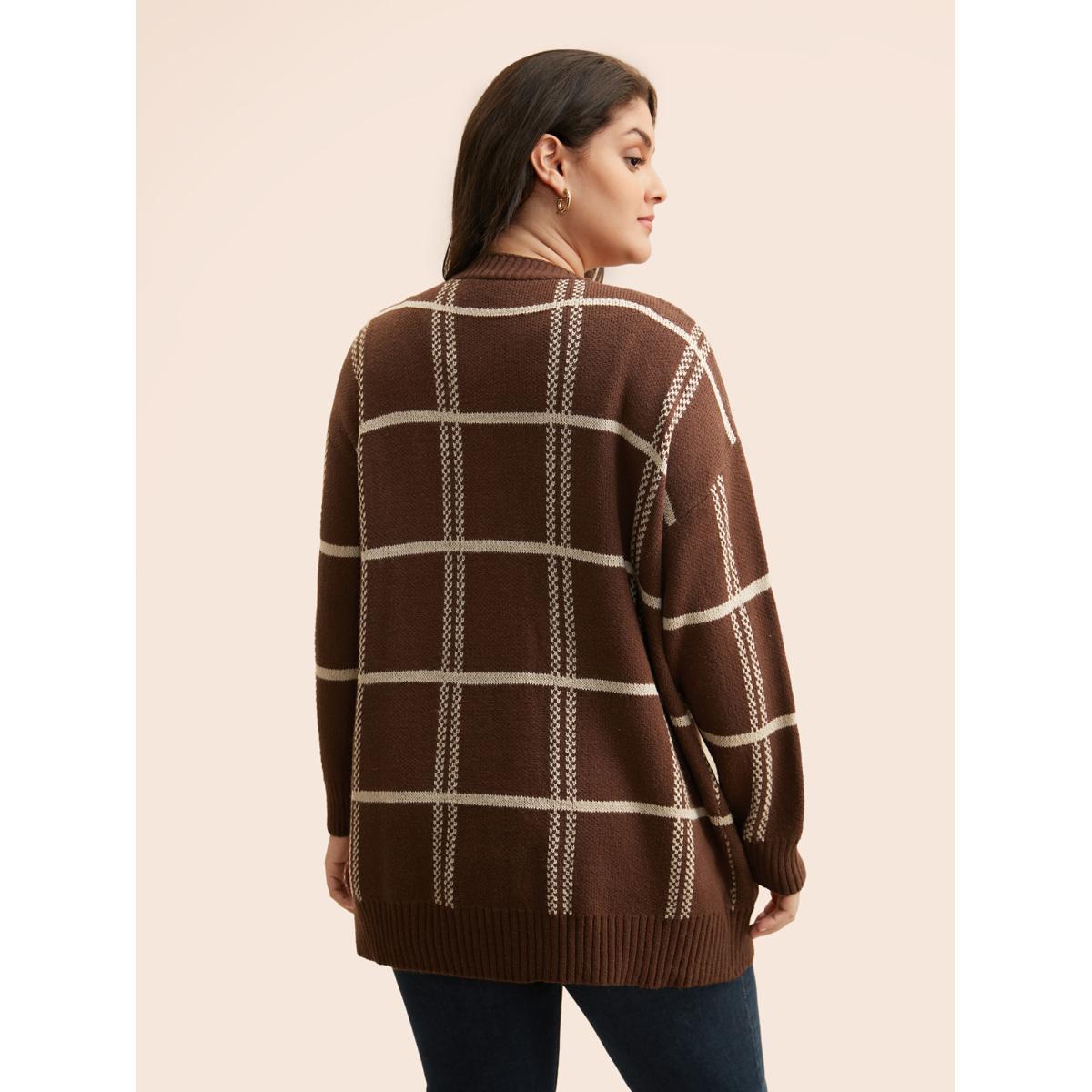 Plus Size Plaid Button Up Pocket Cardigan Browncoffeecolor Women Casual Loose Long Sleeve Everyday Cardigans BloomChic 26/4X Product Image