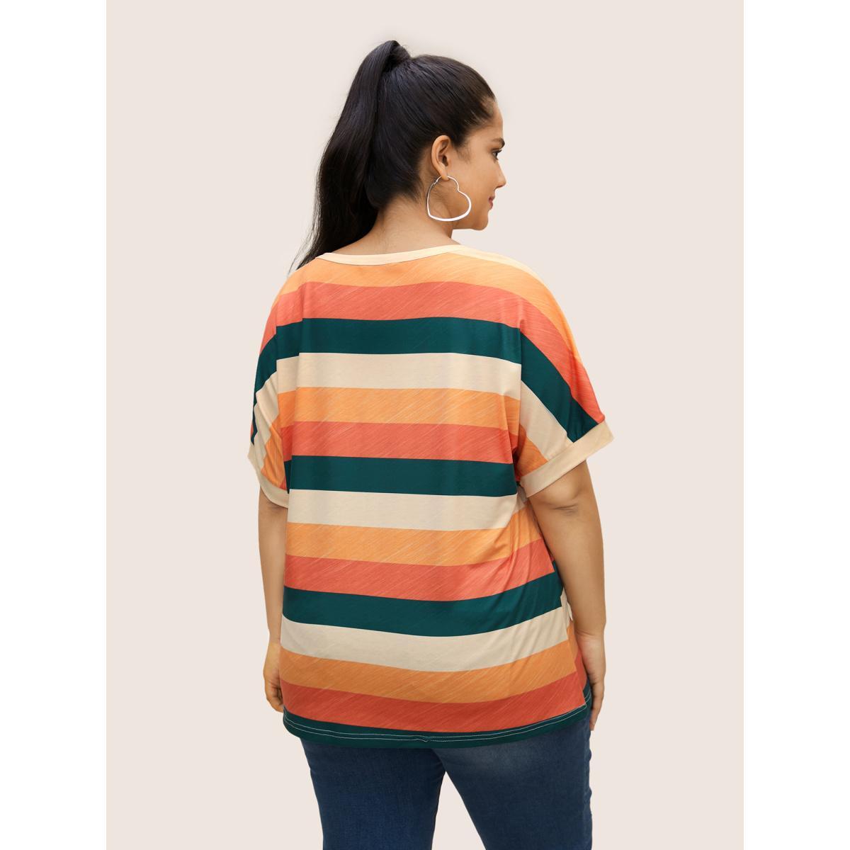 Plus Size Colored Striped Crew Neck Batwing Sleeve T-shirt Multicolor Women Casual Contrast Round Neck Everyday T-shirts BloomChic 26/4X Product Image