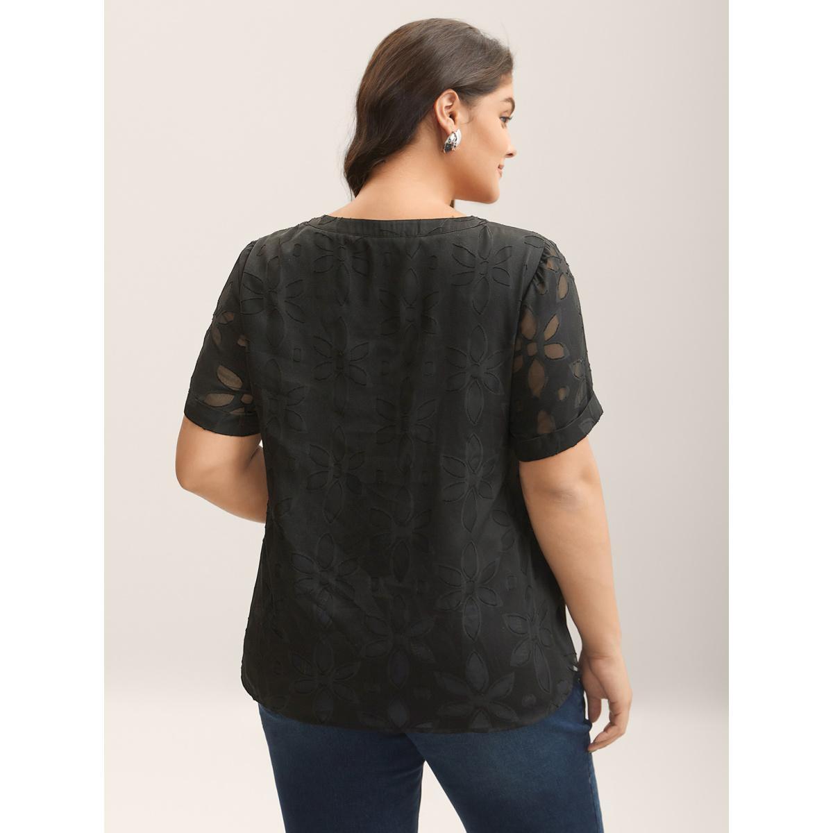 Plus Size Black Floral Cut Print Notched Neck Blouse Women Short sleeve Notched collar Work Blouses BloomChic 26/4X Product Image