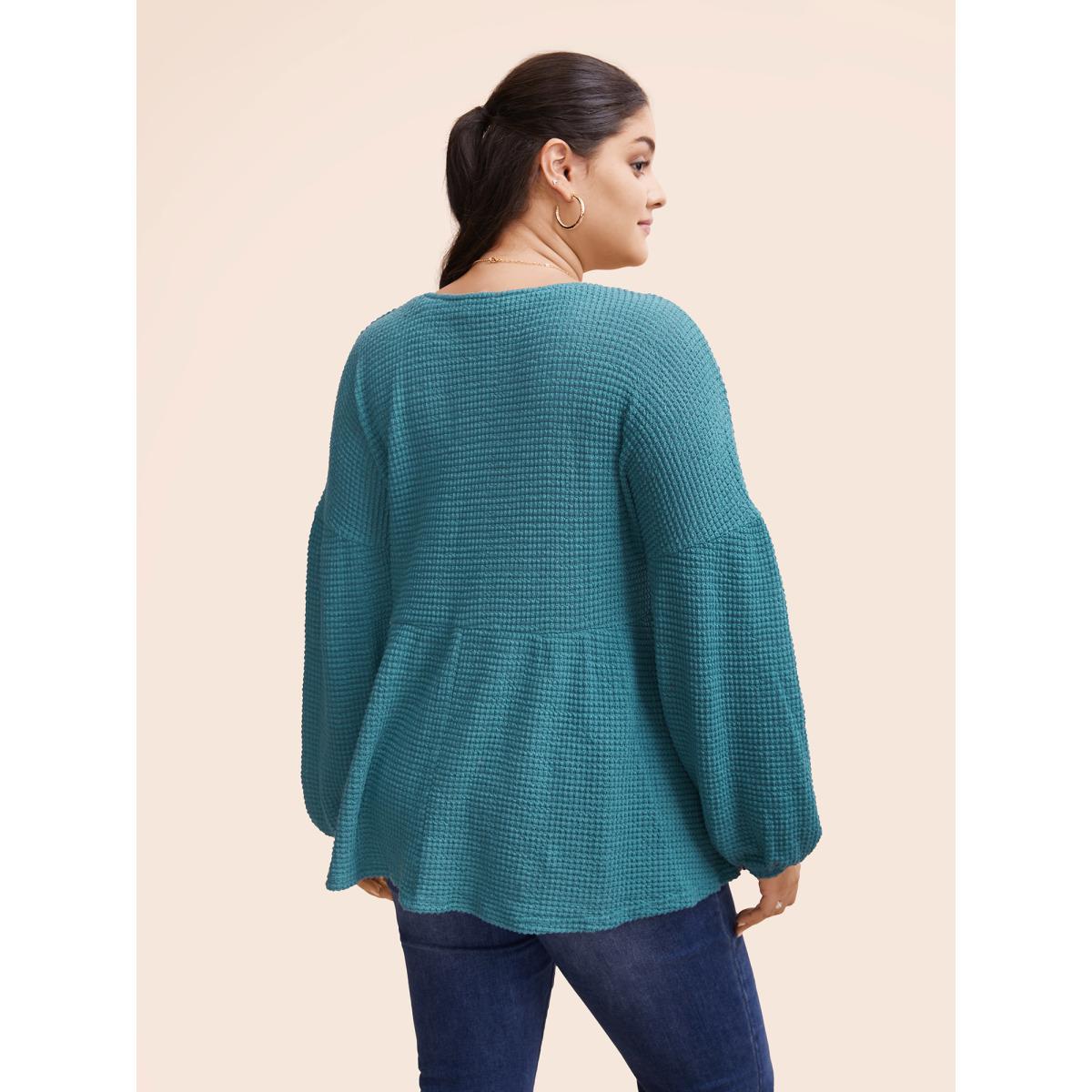 Plus Size Waffle Knit Lantern Sleeve Flutter Hem Sweatshirt Women Cerulean Elegant Texture V-neck Dailywear Sweatshirts BloomChic 10/M Product Image