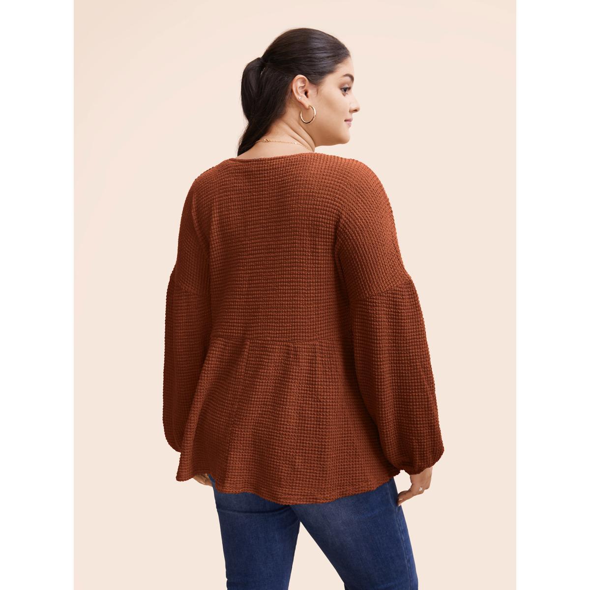 Plus Size Waffle Knit Lantern Sleeve Flutter Hem Sweatshirt Women Chocolate Elegant Texture V-neck Dailywear Sweatshirts BloomChic 14-16/1X Product Image