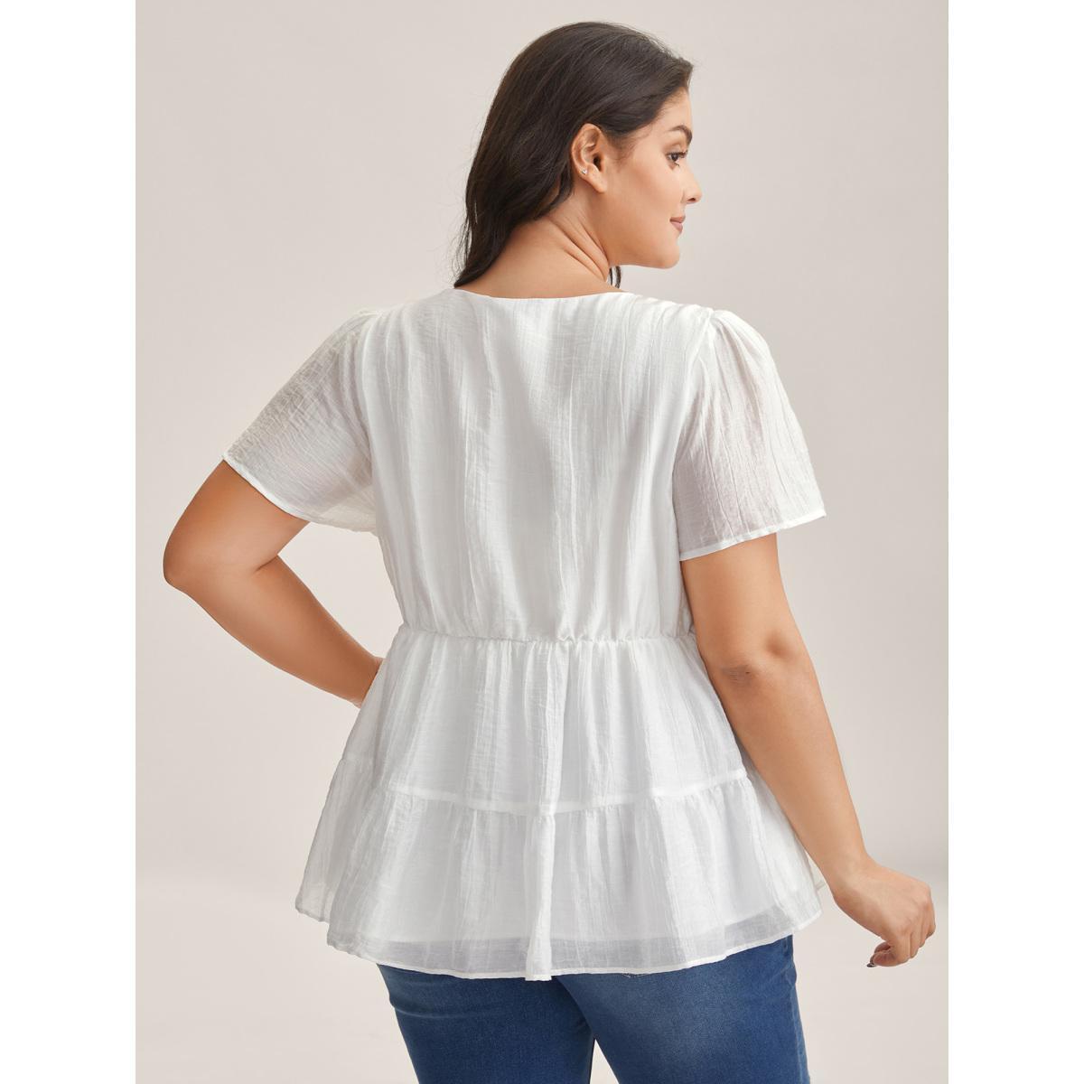 Plus Size Originalwhite Sheer V-Neck Tie Tiered Blouse Women Short sleeve V-neck Everyday-Casual Blouses BloomChic 28/5X Product Image