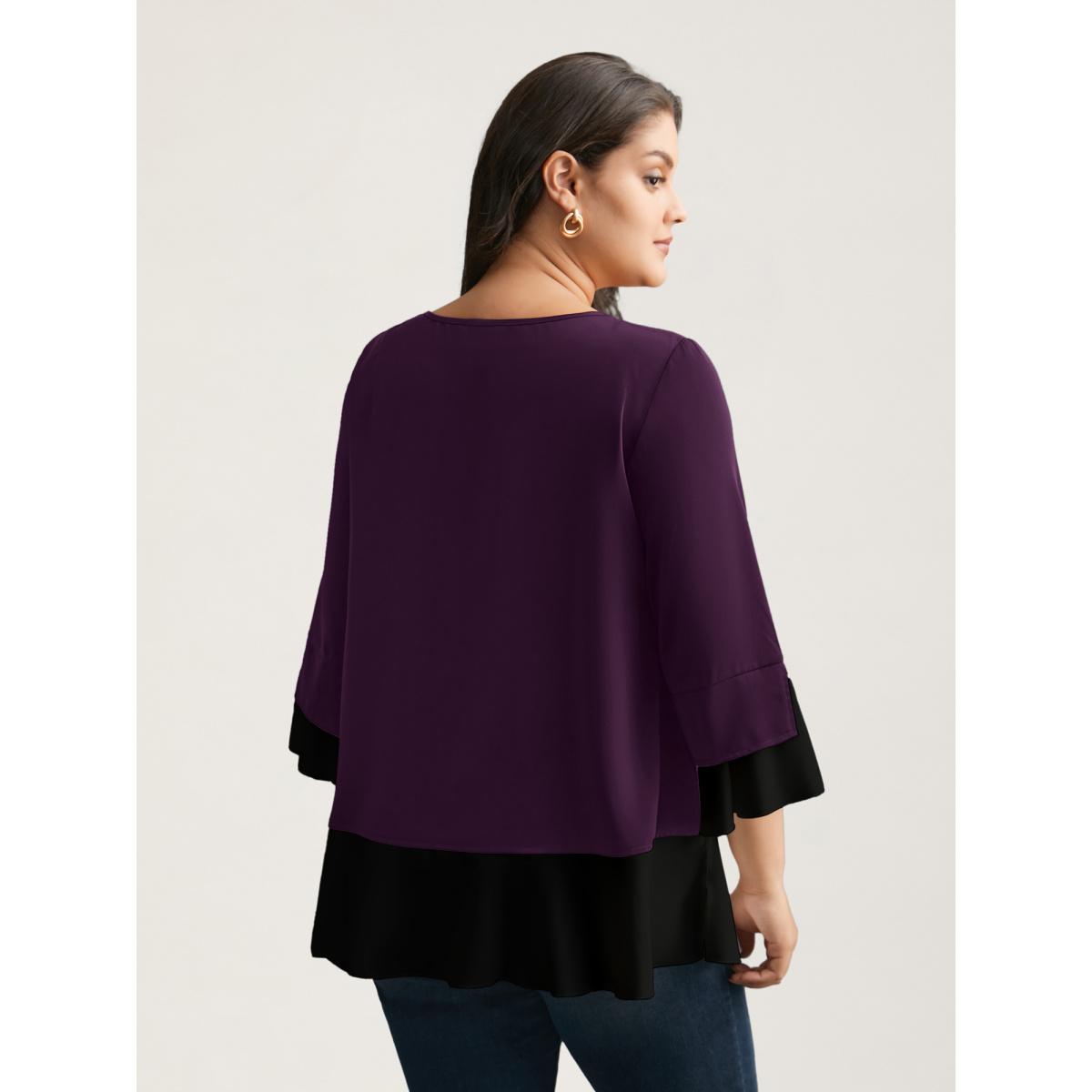 Plus Size Deeppurplered Contrast Patchwork Bell Sleeve Blouse Women Elegant Elbow-length sleeve Round Neck Everyday Blouses BloomChic 14-16/1X Product Image