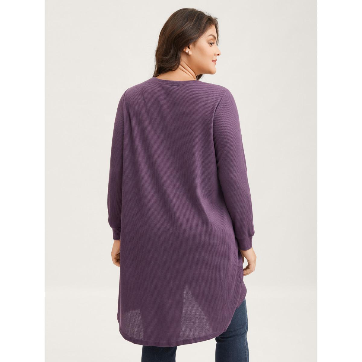 Plus Size Solid Waffle Knit Overlap Hem T-shirt Eggplant Women Casual Overlapping Round Neck Everyday T-shirts BloomChic 26/4X Product Image