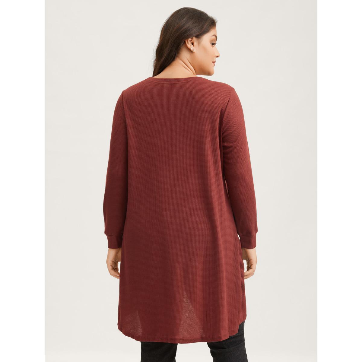 Plus Size Solid Waffle Knit Overlap Hem T-shirt Rust Women Casual Overlapping Round Neck Everyday T-shirts BloomChic 28/5X Product Image