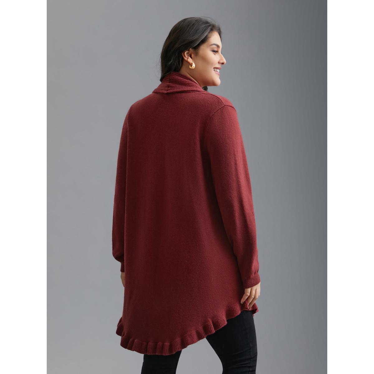 Plus Size Kimono Collar Texture Knit Ruffle Hem Cardigan Deepred Women Casual Loose Long Sleeve Everyday Cardigans BloomChic 10/M Product Image