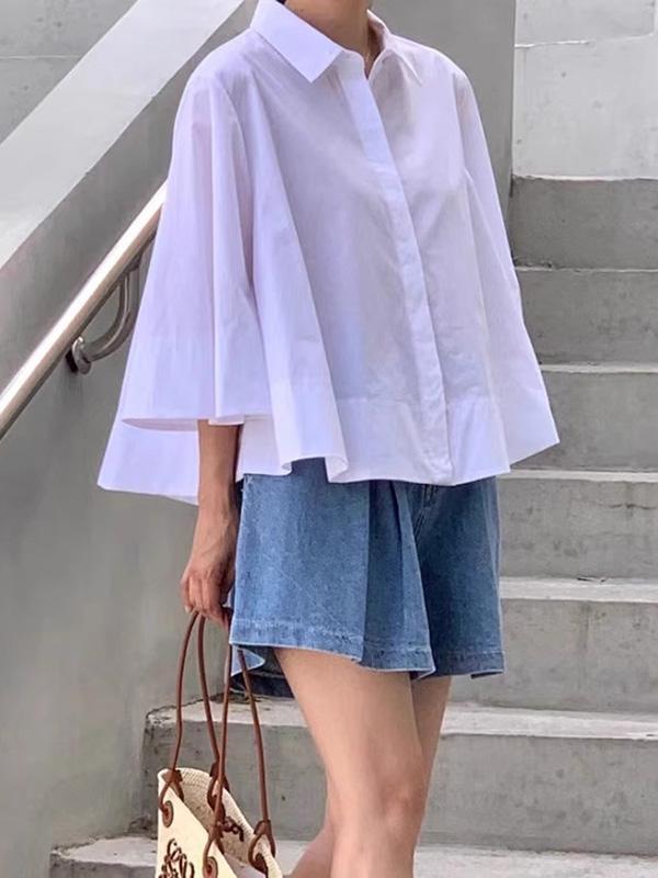 A-Line Flared Sleeves Buttoned Pleated Solid Color Lapel Blouses&Shirts Tops Product Image