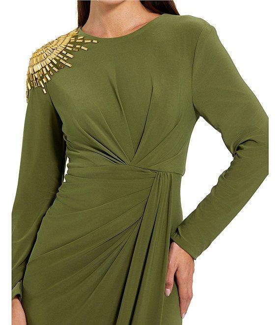 Mac Duggal Jersey Knit Beaded Shoulder Crew Neck Long Sleeve Wrap Gown Product Image