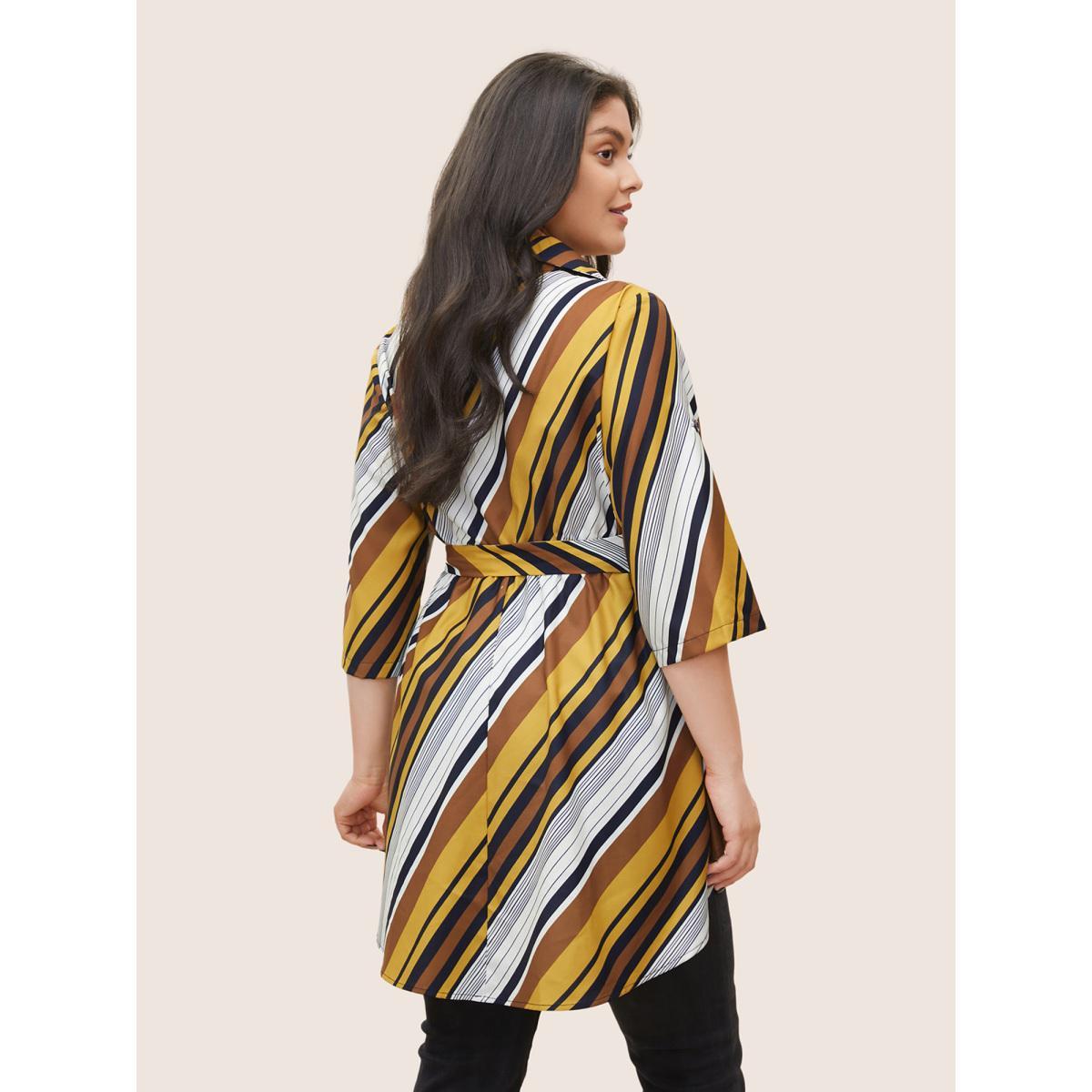 Plus Size Bronze Color Striped Ties High Low Hem Blouse Women At the Office Elbow-length sleeve Shirt collar Work Blouses BloomChic 18-20/2X Product Image