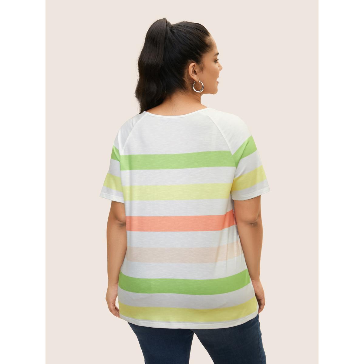 Plus Size Colored Striped Crew Neck Raglan Sleeve T-shirt Multicolor Women Casual Contrast Round Neck Everyday T-shirts BloomChic 22-24/3X Product Image