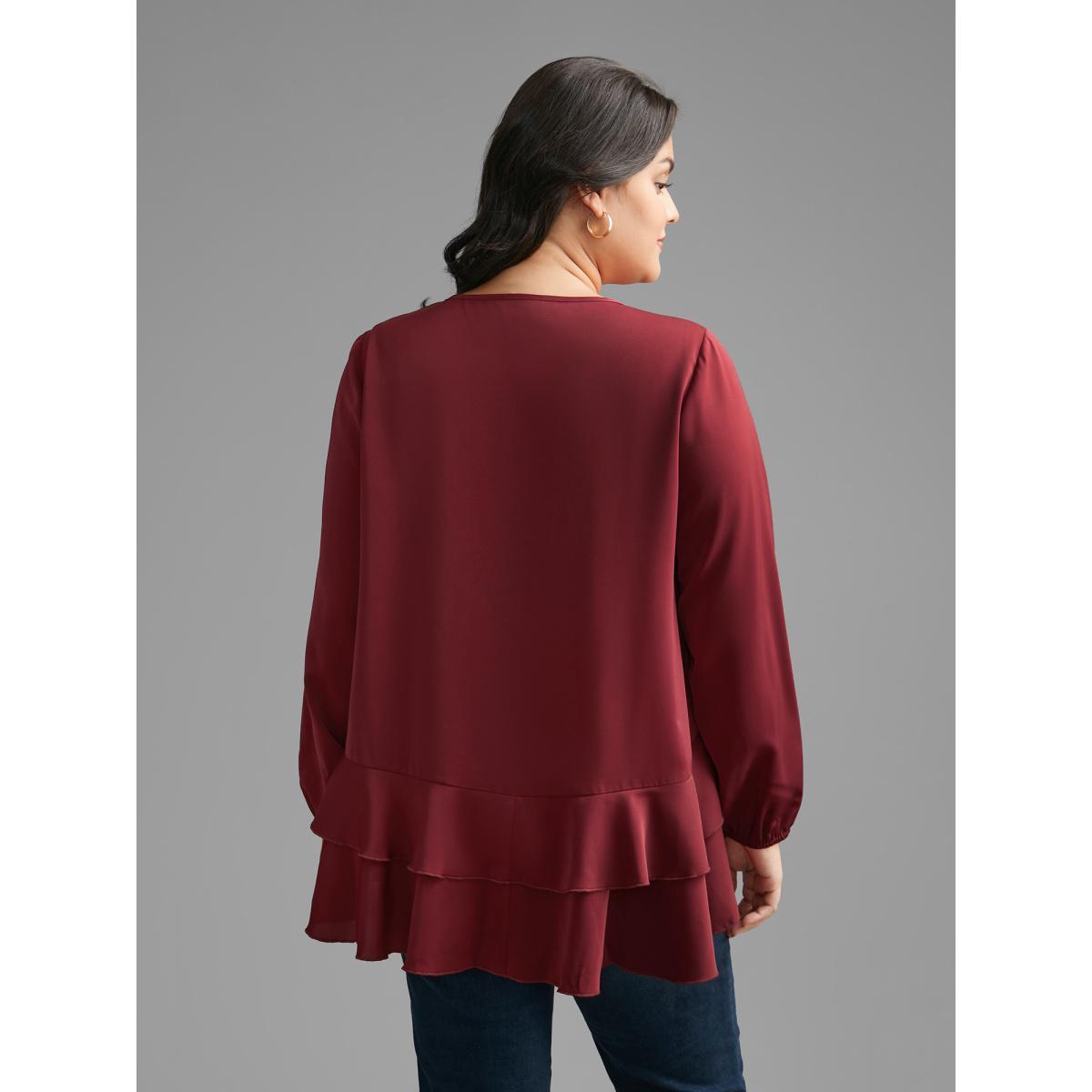 Plus Size Scarlet Plain Tiered Ruffle Hem Lantern Sleeve Blouse Women Elegant Long Sleeve Round Neck Everyday Blouses BloomChic 10/M Product Image