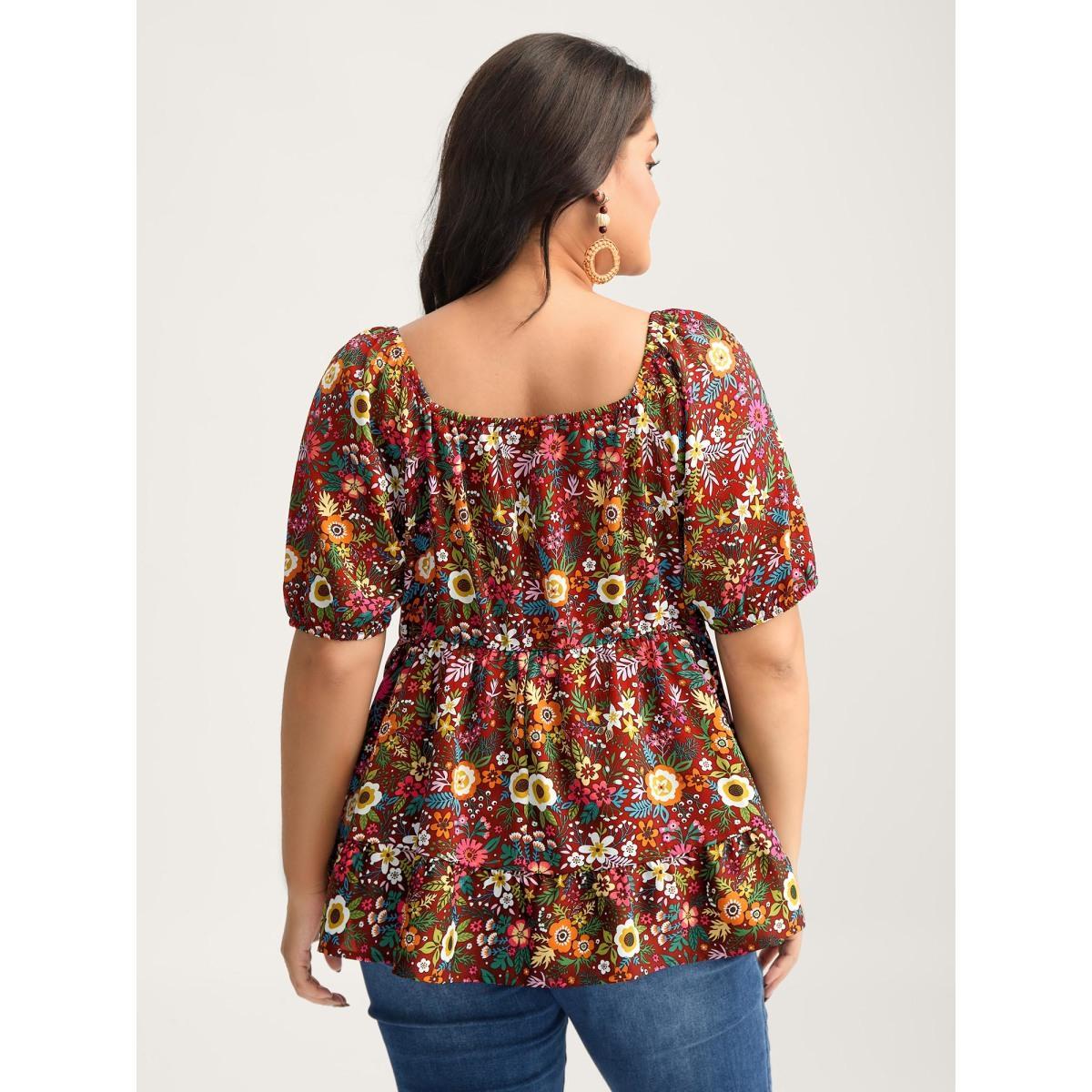 Plus Size Scarlet Floral Square Neck Fit and Flare Blouse Women Short sleeve Square Neck Vacation Blouses BloomChic 22-24/3X Product Image