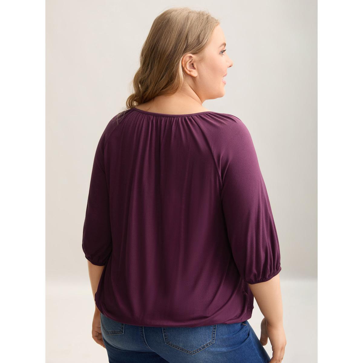 Plus Size Adjustable Neck Ties O-Style T-Shirt Plum Women Casual Tie knot Boat Neck Loose Everyday T-shirts BloomChic 10/M Product Image