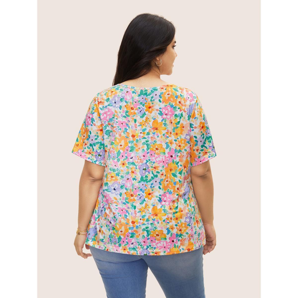 Plus Size Crew Neck Colored Floral Gathered T-shirt Multicolor Women Elegant Contrast Natural Flowers Round Neck Everyday T-shirts BloomChic 14-16/1X Product Image