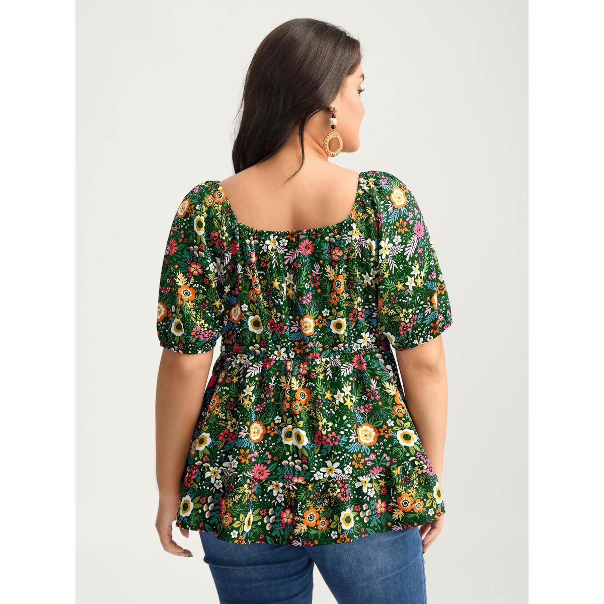 Plus Size Indigo Floral Square Neck Fit and Flare Blouse Women Short sleeve Square Neck Vacation Blouses BloomChic 30/6X Product Image