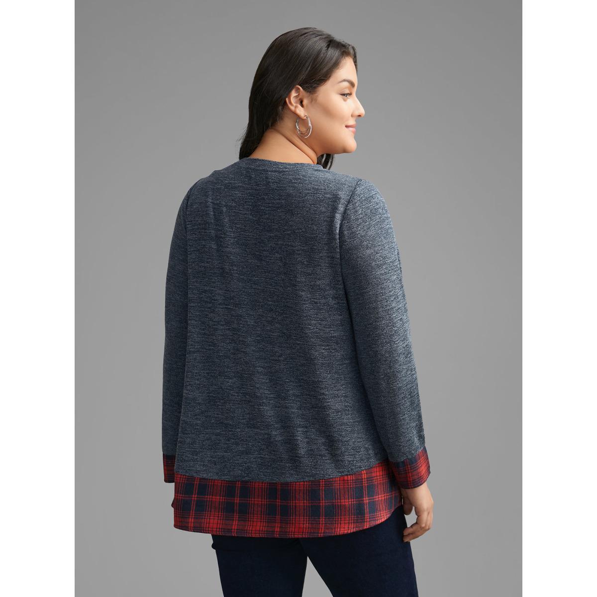 Plus Size Round Neck Plaid Patchwork Heather T-shirt Indigo Women Casual Contrast Round Neck Loose Everyday T-shirts BloomChic 28/5X Product Image