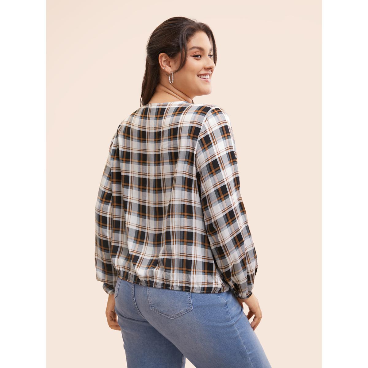 Plus Size Browncoffeecolor Plaid Overlap Collar Patch Pocket Blouse Women Casual Three Quater Length Sleeve Overlap Collar Everyday Blouses BloomChic 12/L Product Image