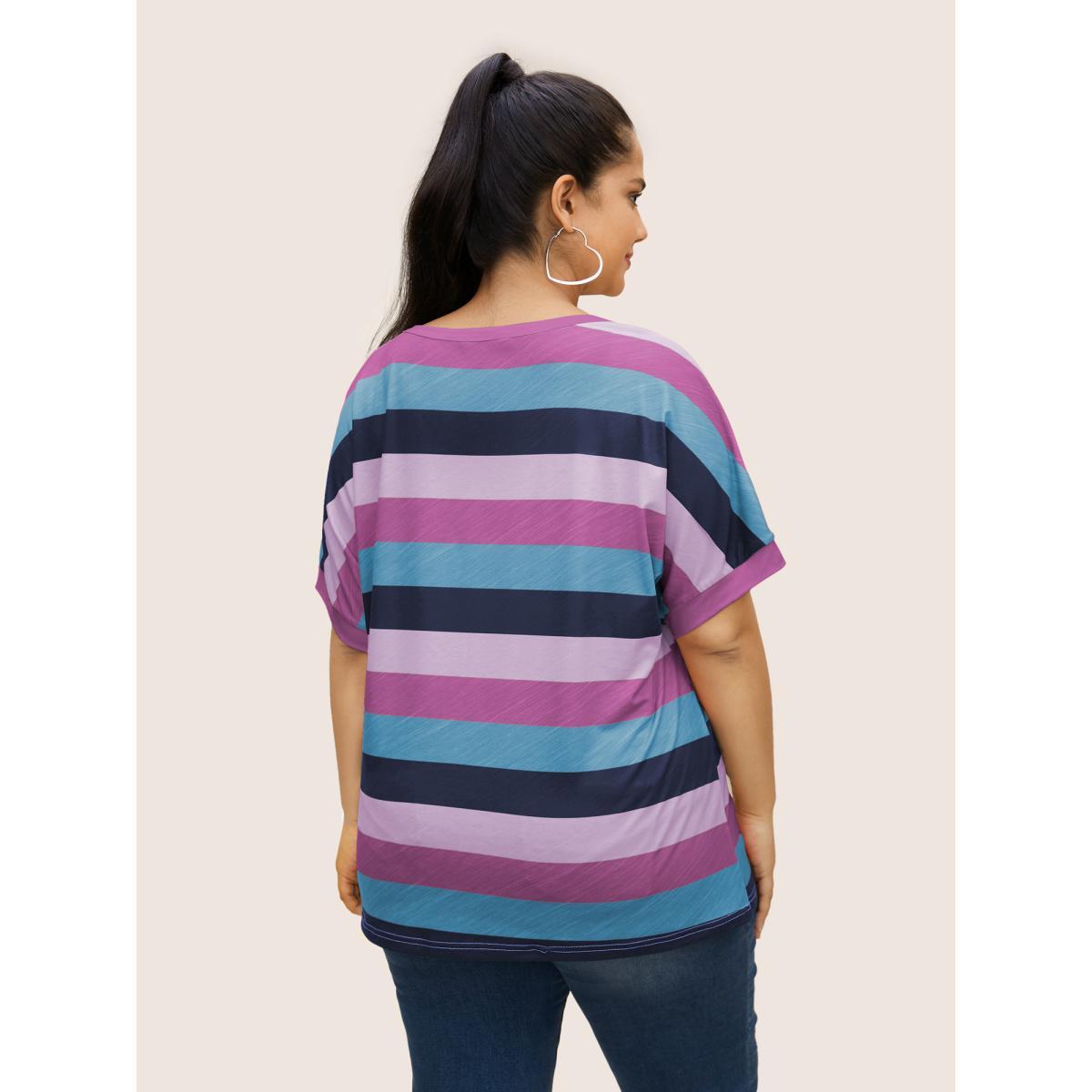 Plus Size Colored Striped Crew Neck Batwing Sleeve T-shirt Lilac Women Casual Contrast Round Neck Everyday T-shirts BloomChic 26/4X Product Image